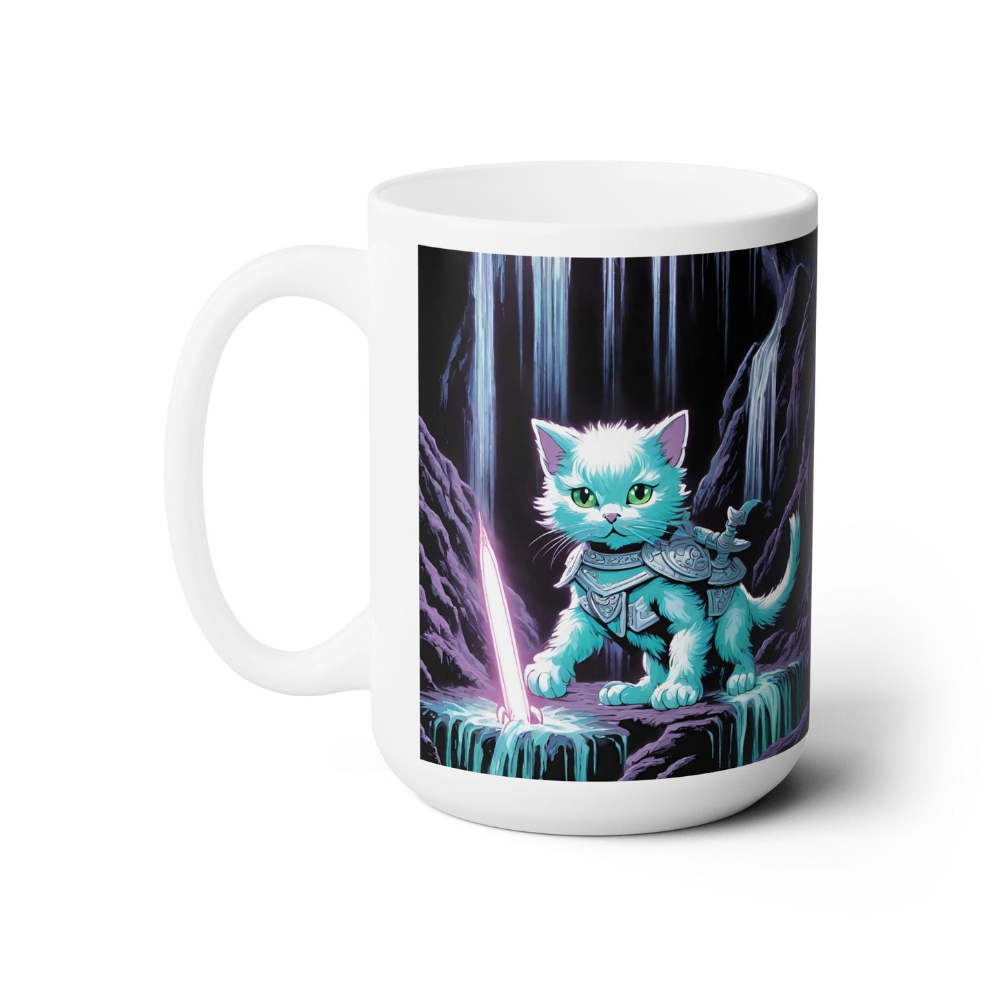 Kitten Warrior Neon Waterfall Cave Mug 15oz