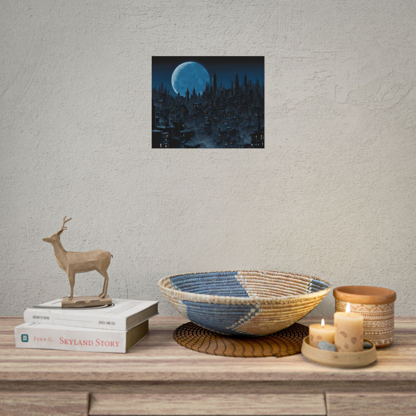 Wall Decor | Dark City Of The Night Poster | Blue Moon Darkness Falls Art | Gothic Lunar Moonlight Skyline | Living Room or Office Decor