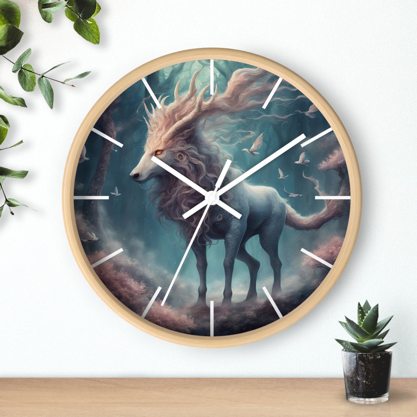 Majestic Myths Art Clock | Floral Flower Forest Horned Horse Wall Hanging | Mystical Maned Goat Fantasy Home Office Decor Gift