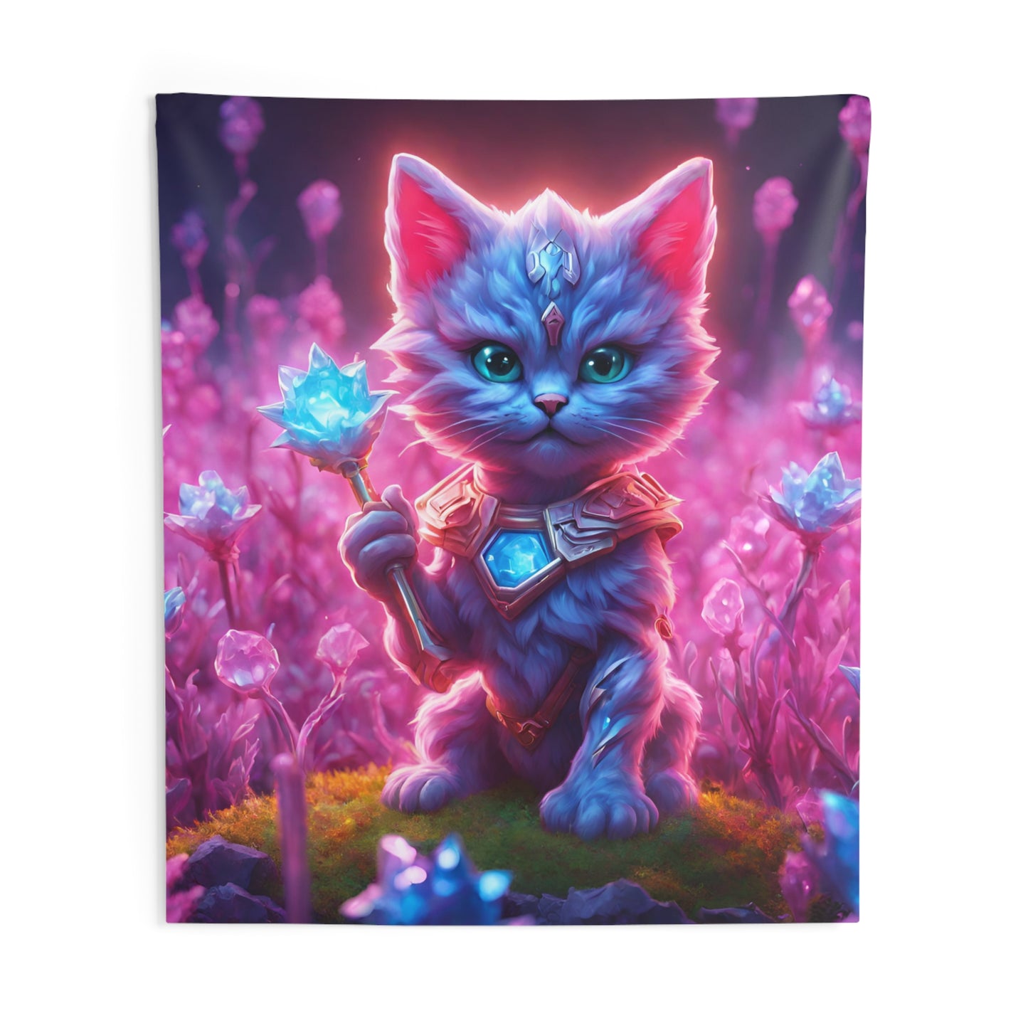 Warrior Cat Crystal Grove Tapestry, Thunder Bolt Armored Kitten Mystical Weapon Wall Hanging, Pink Blue Infused Blossom Field Tapestry