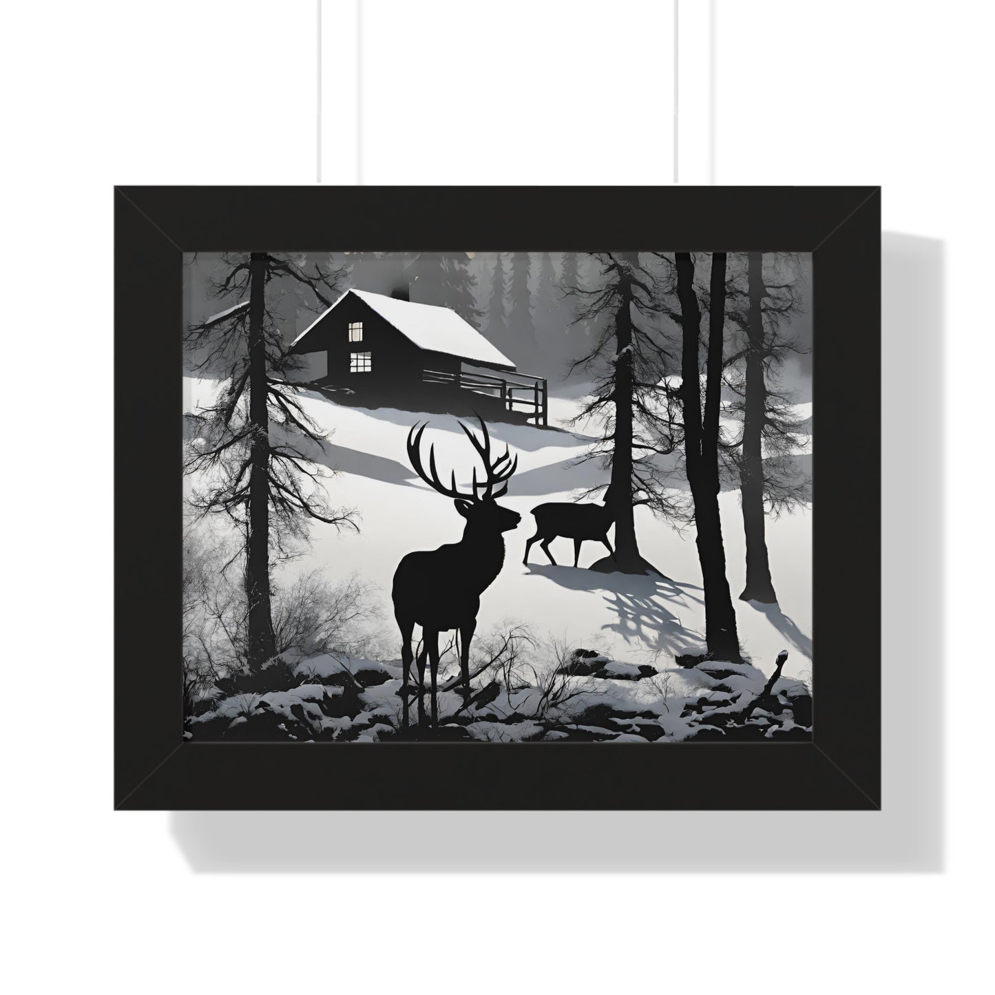 Animal Wall Art, Deer Hunter Picture, Buck Print, Hunting Cabin, Shadow Wall Hanging, Winter Snow Image, Living Room Poster, Framed Art