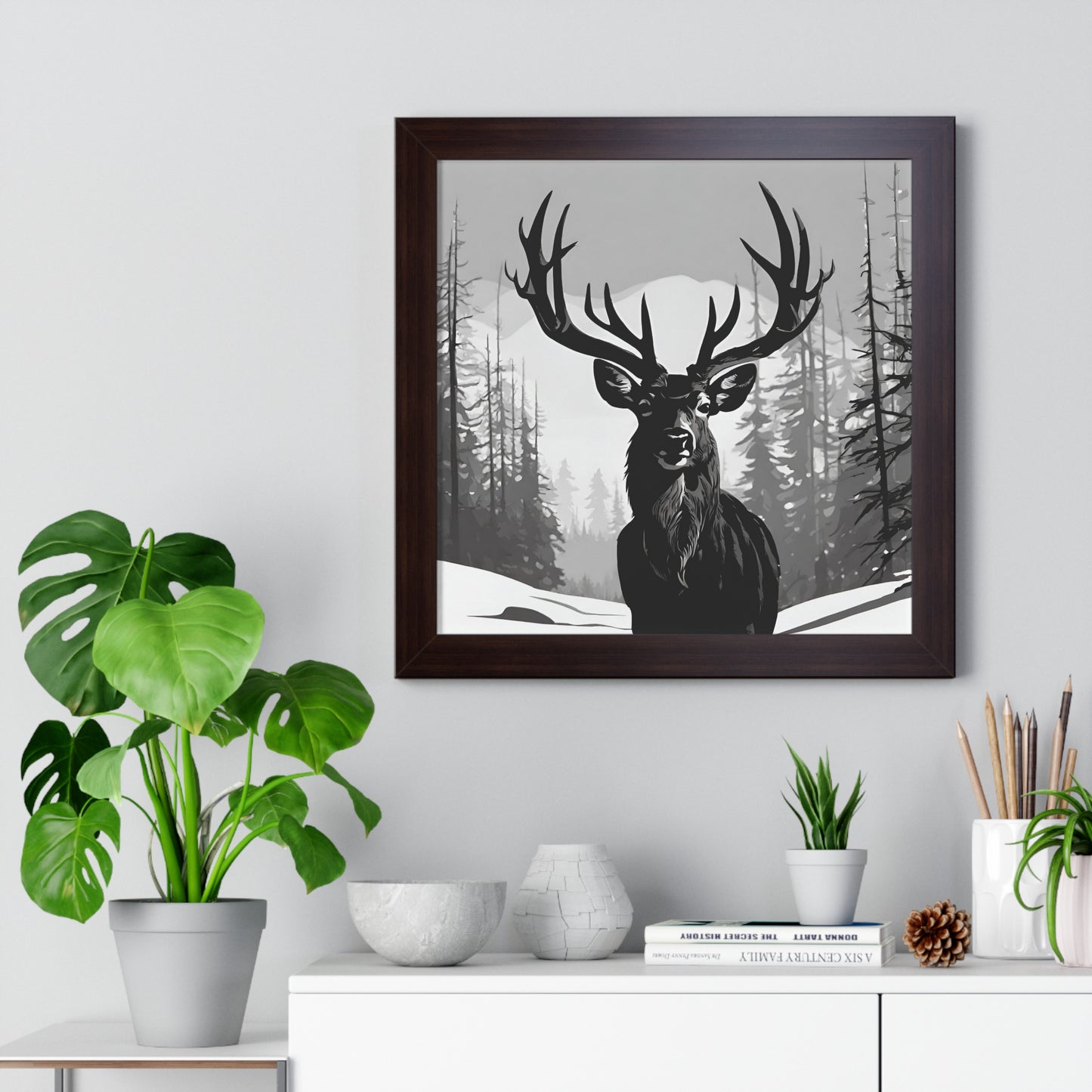 Animal Wall Art, Deer Hunter Picture, Big Buck Print, Hunting Cabin, Shadow Wall Hanging, Winter Snow Image, Living Room Poster, Framed Art
