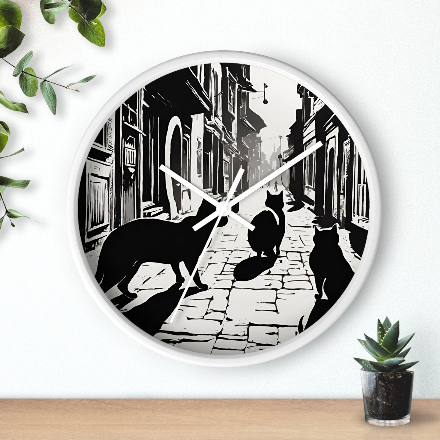 Cat Wall Art Clock | Shadow Feline Figures Town Wall Hanging | Home Office Cat Lovers Gift