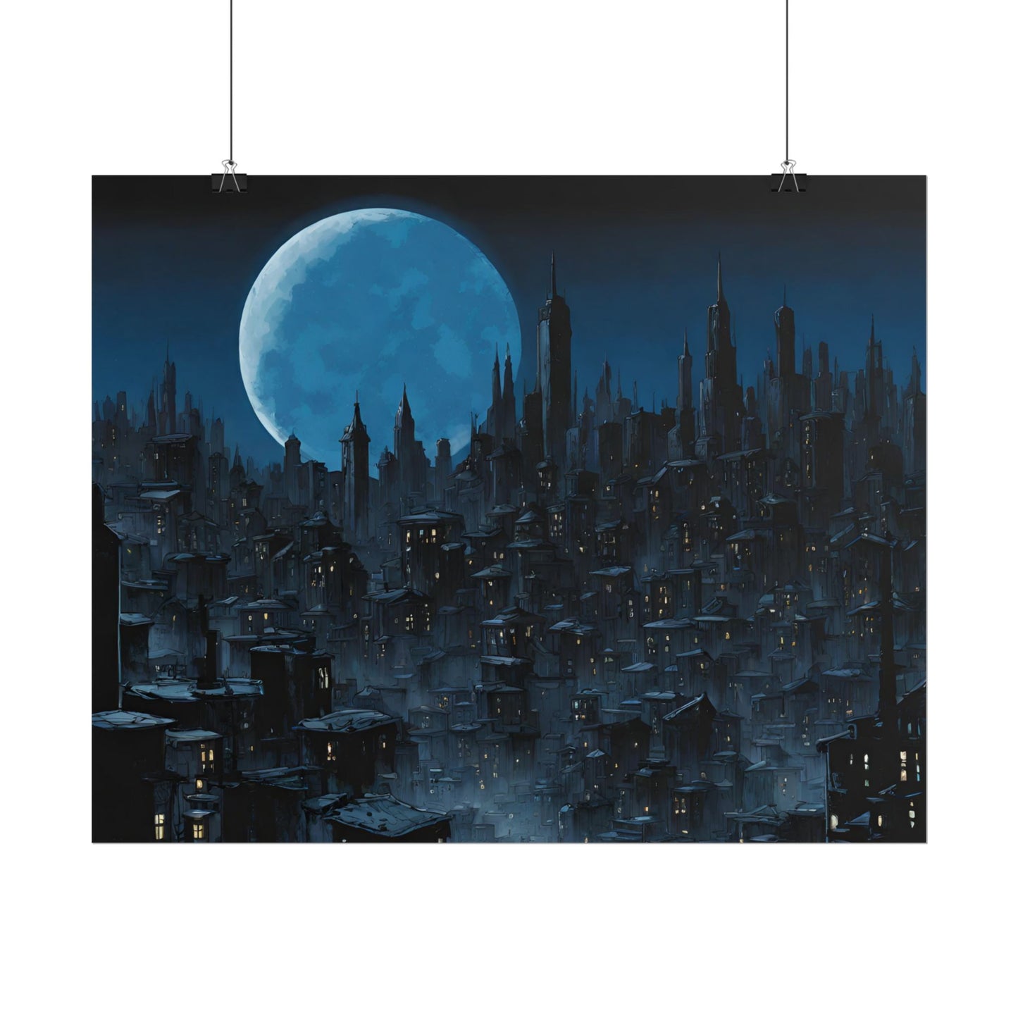 Wall Decor | Dark City Of The Night Poster | Blue Moon Darkness Falls Art | Gothic Lunar Moonlight Skyline | Living Room or Office Decor