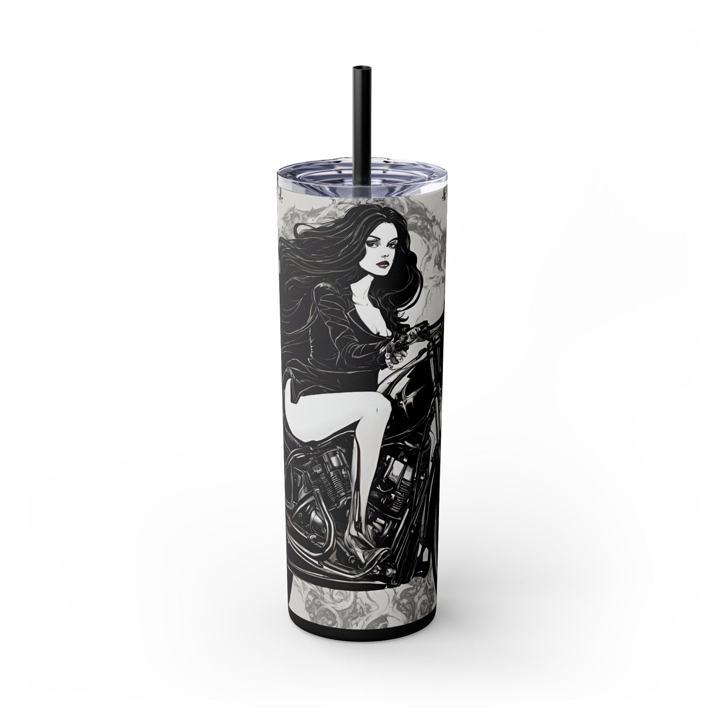 Gothic Beauty Biker Skinny Tumbler, Biker Babe Motorcycle Traveler, Leather Clad Hot or Cold Drinking Cup, Exercise Workout Beverage Holder