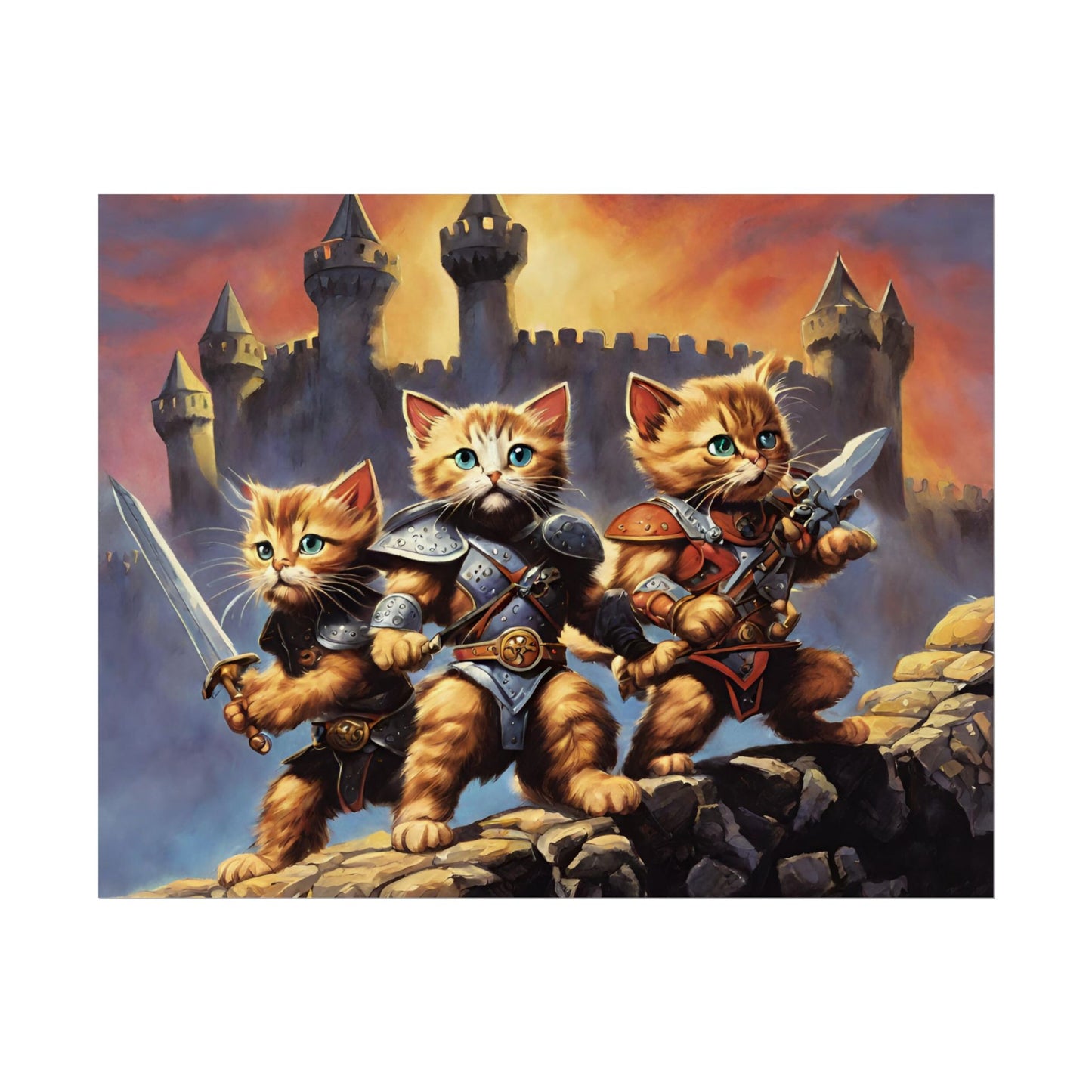 Cat Battler Warrior Poster, Office Bedroom Man Cave Portrait, Sword Wielding Cat Universe, Kitten Fighters Fantasy Wall Hanging
