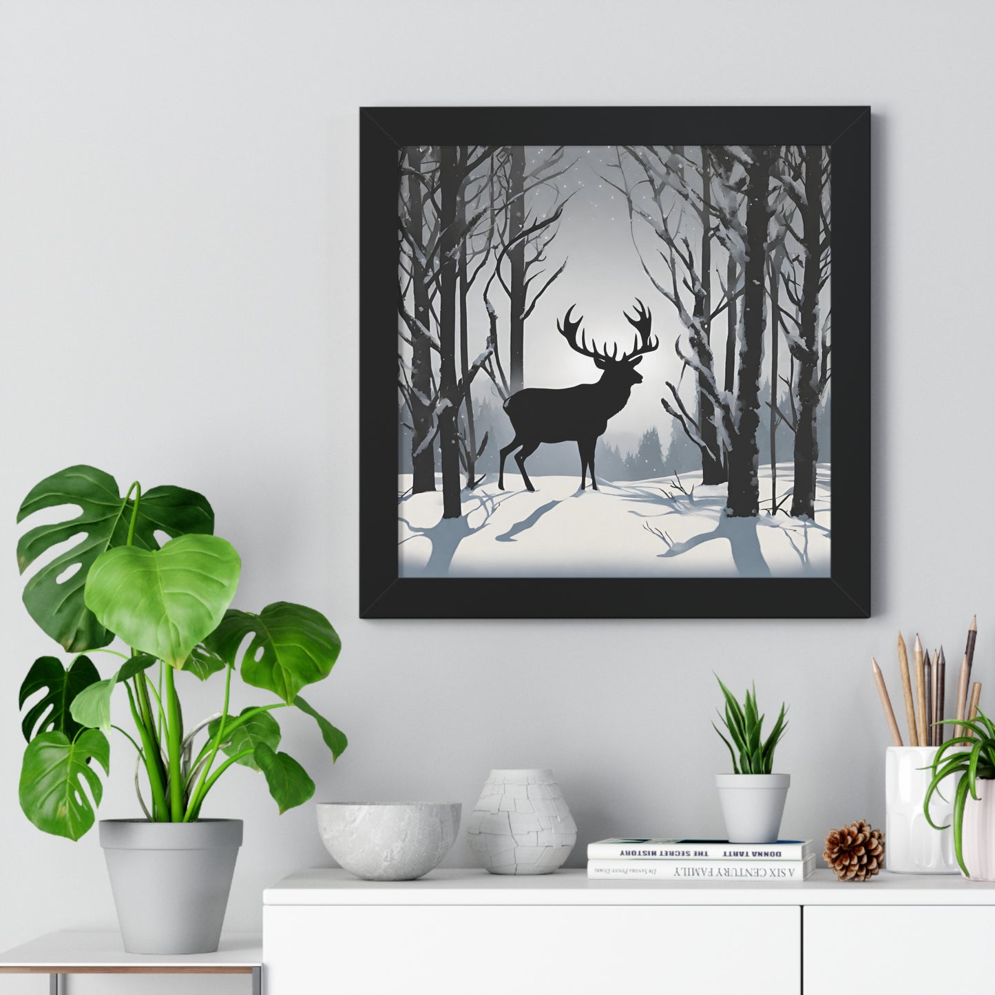 Animal Wall Art, Deer Hunter Picture, Big Buck Print, Hunting Cabin, Shadow Wall Hanging, Winter Snow Image, Living Room Poster, Framed Art