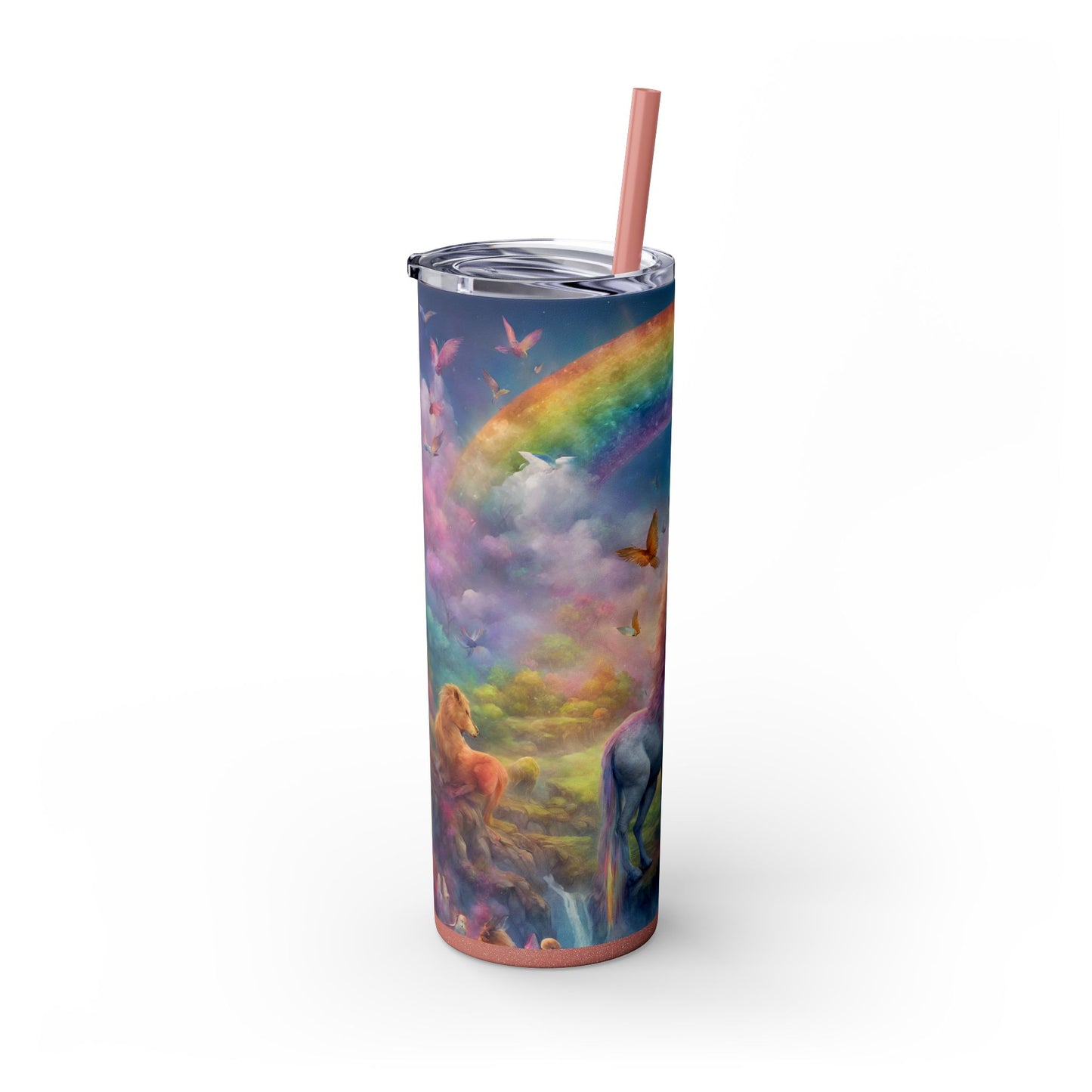 Girls Rainbow Unicorn Tumbler, Skinny Drinking Hot Cold Traveler, Mystical Fantasy Liquid Cup