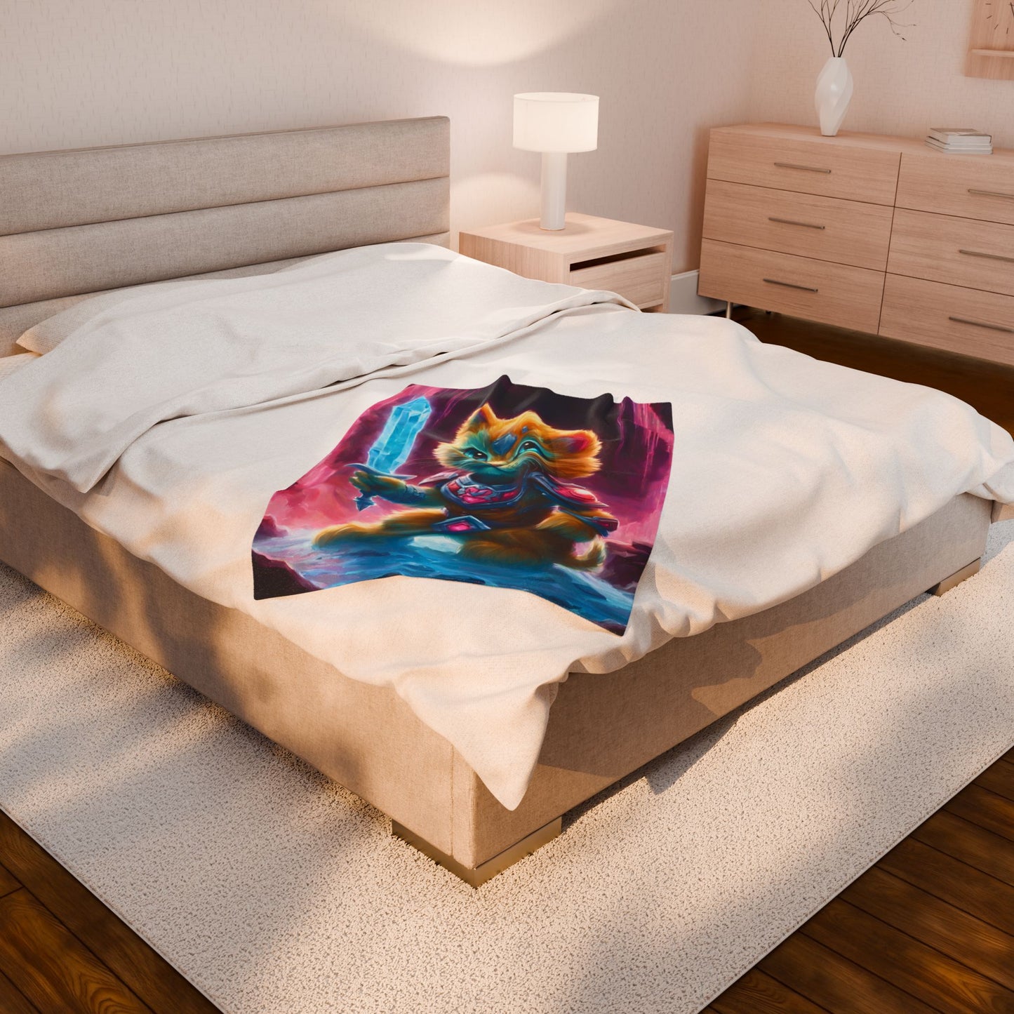 Warrior Cat Blanket, Waterfall Cat Plush Throw Blanket, Neon Sword Seeker, Armored Kitty Bed Cover, Glowing Cave Bedroom Twin Cover
