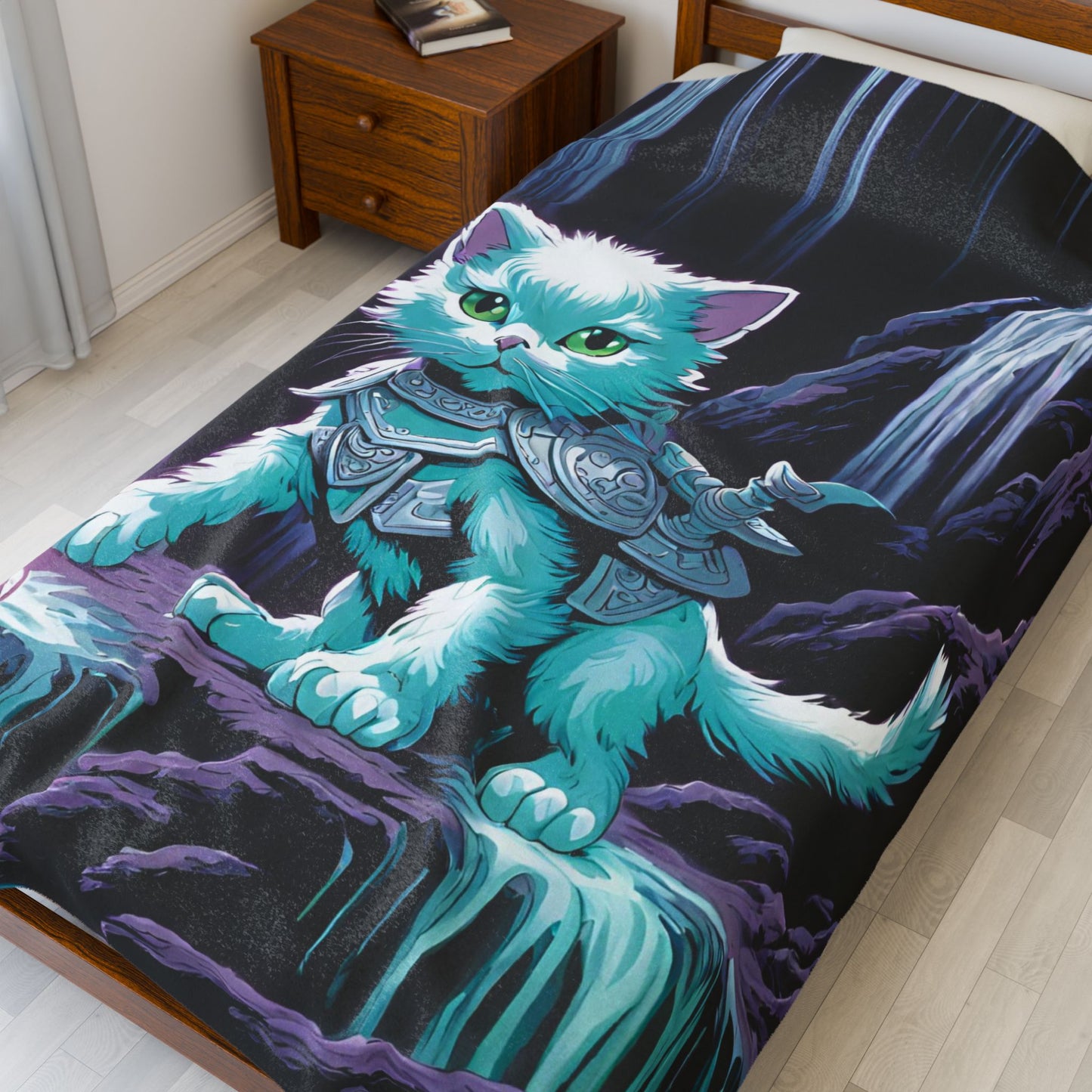 Warrior Cat Blanket, Waterfall Cat Plush Throw Blanket, Neon Sword Seeker, Armored Kitty Bed Cover, Glowing Cave Bedroom Twin Cover