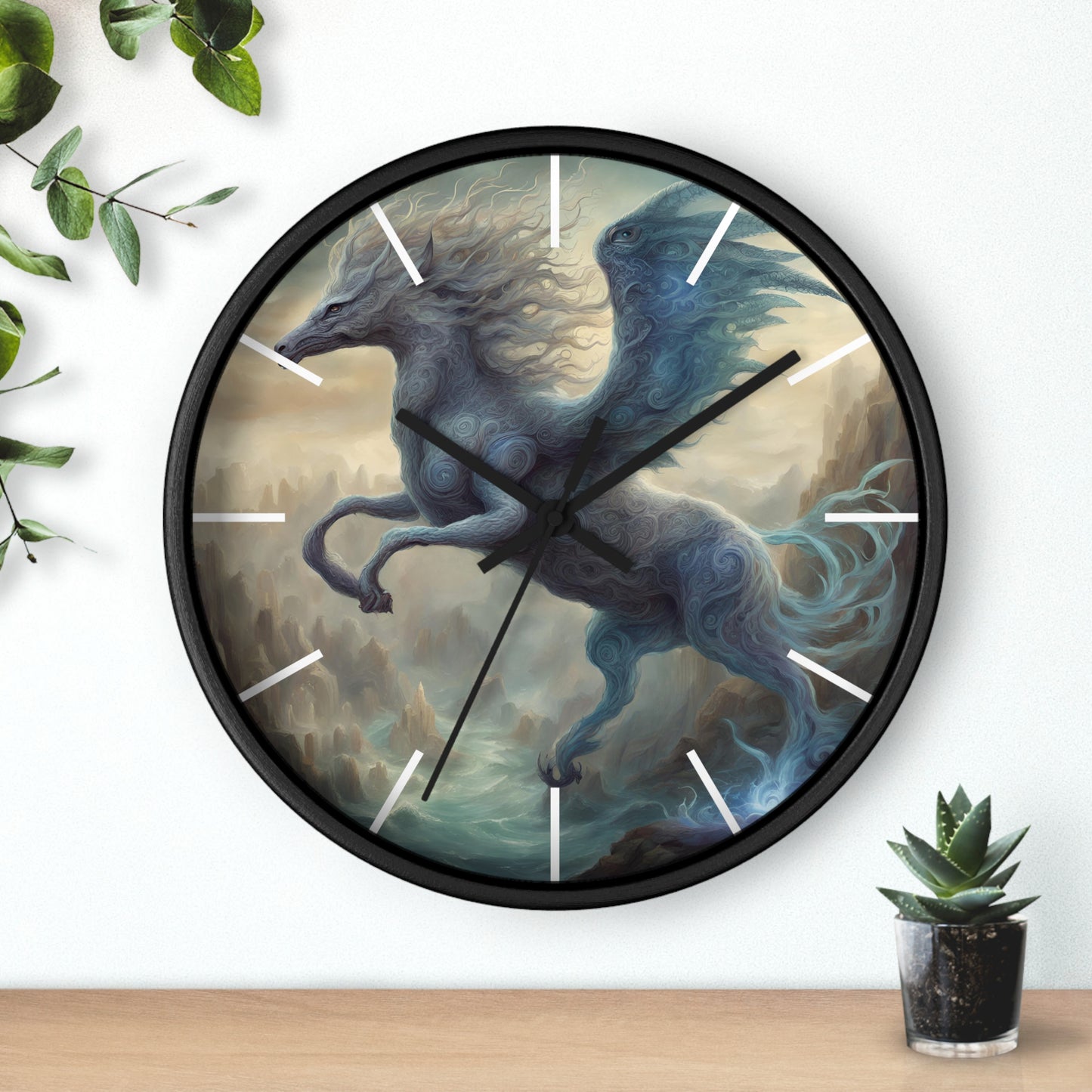 Majestic Myths Art Clock | Electrified Pegasus Horse Wall Hanging | Mystical Winged Blue Lightning Fantasy Home Office Decor Gift
