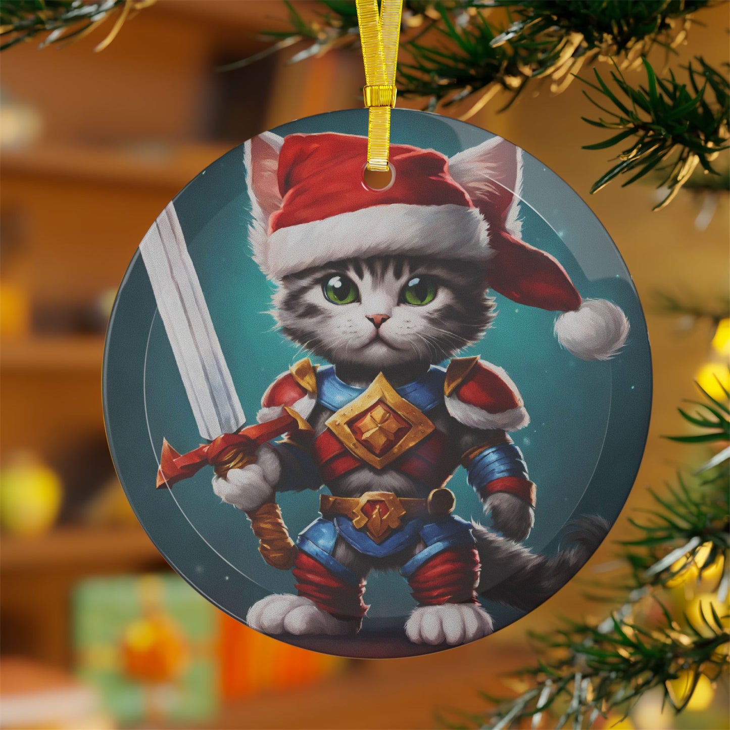 Kitten Christmas Ornament, Holiday Tree Decoration, Adorable Cat Gift, Round Glass Keepsake, KITTEN WARRIOR