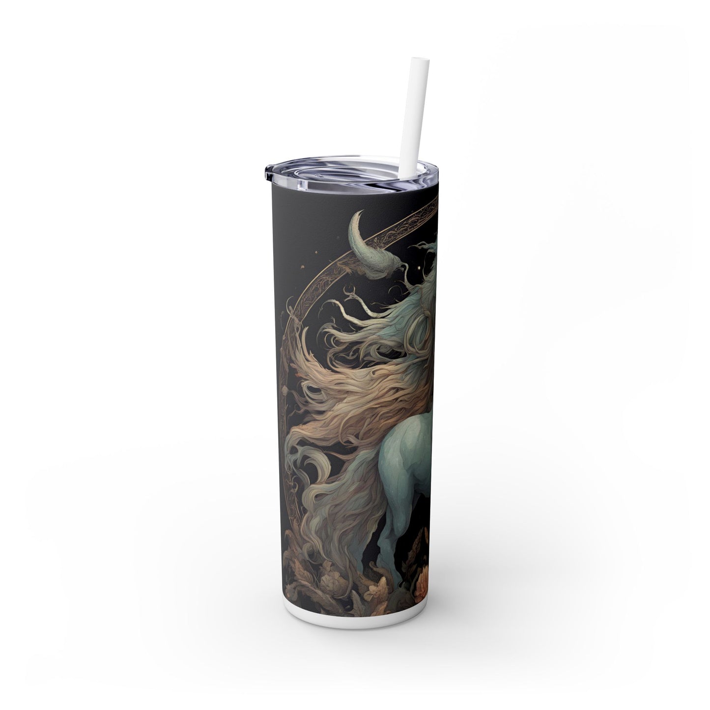 Majestic Myths Skinny Tumbler | Horned Goat Horse Drinking Cup | Floral Flower Night Sky Moon Fantasy Road Trip Exercise Traveler