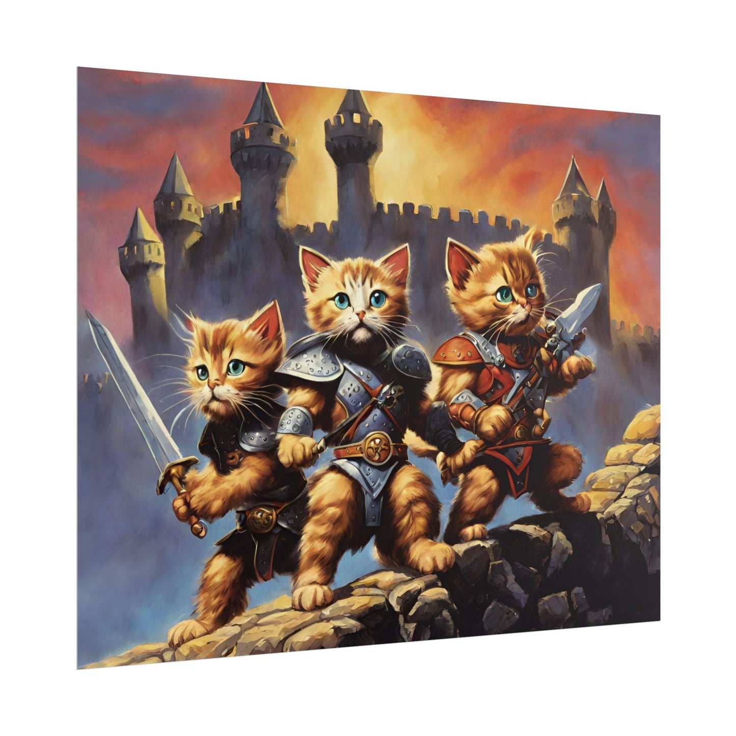 Cat Battler Warrior Poster, Office Bedroom Man Cave Portrait, Sword Wielding Cat Universe, Kitten Fighters Fantasy Wall Hanging