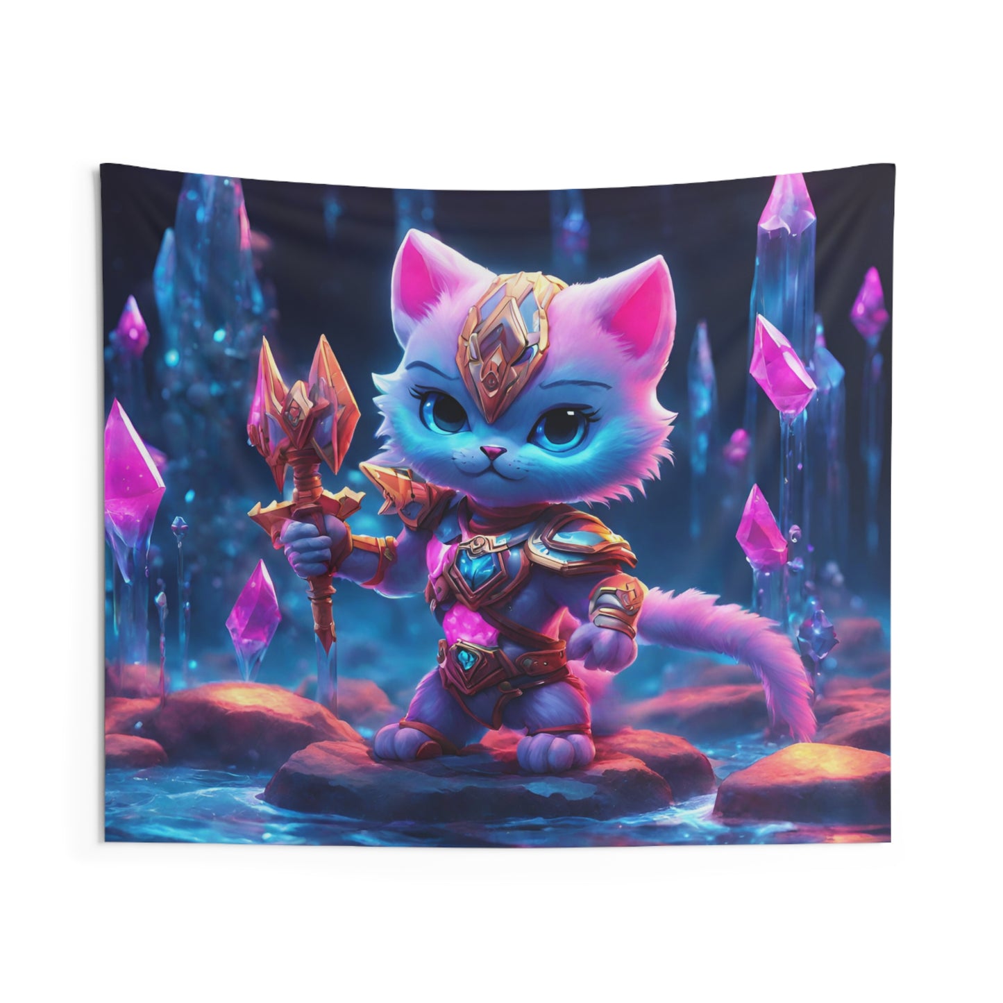 Warrior Cat Crystal Cavern Tapestry, White Armored Kitten Golden Weapon Wall Hanging, Pink Rock Mystical Cave River Graphic Tapestry