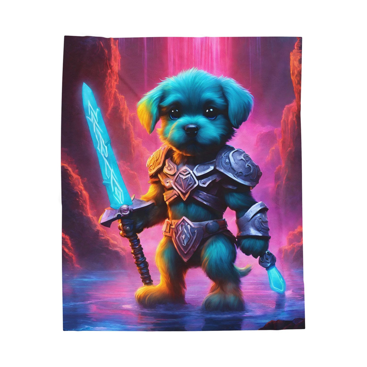 Warrior Puppy Blanket, Waterfall Dog Plush Throw Blanket, Neon Sword Seeker, Armored Pup Bed Cover, Glowing Cave Bedroom Twin Cover