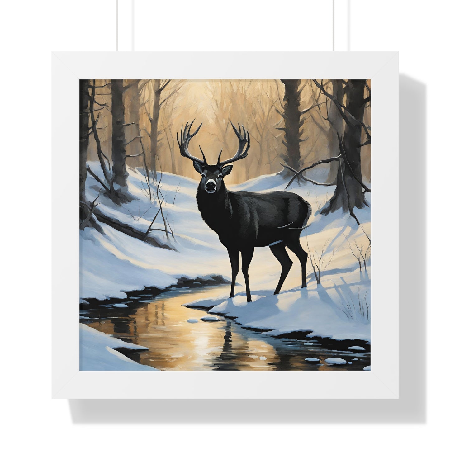 Animal Wall Art, Deer Hunter Picture, Big Buck Print, Woods, Creek, Shadow Wall Hanging, Sunset Snow Image, Living Room Poster, Framed Art