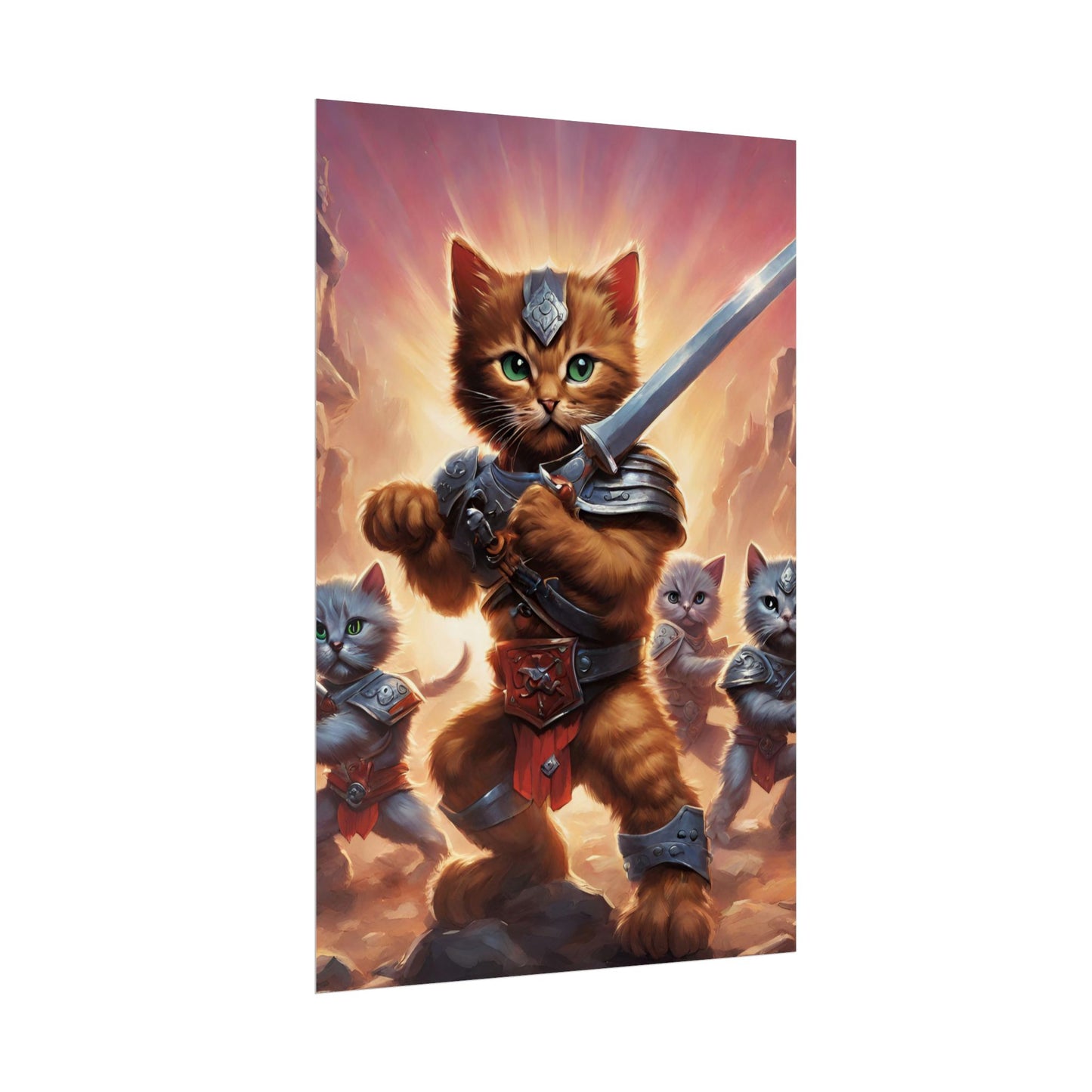 Cat Battler Warrior Poster, Office Child Bedroom Man Cave Portrait, Sword Wielding Cat Universe, Kitten Fighters Fantasy Wall Hanging