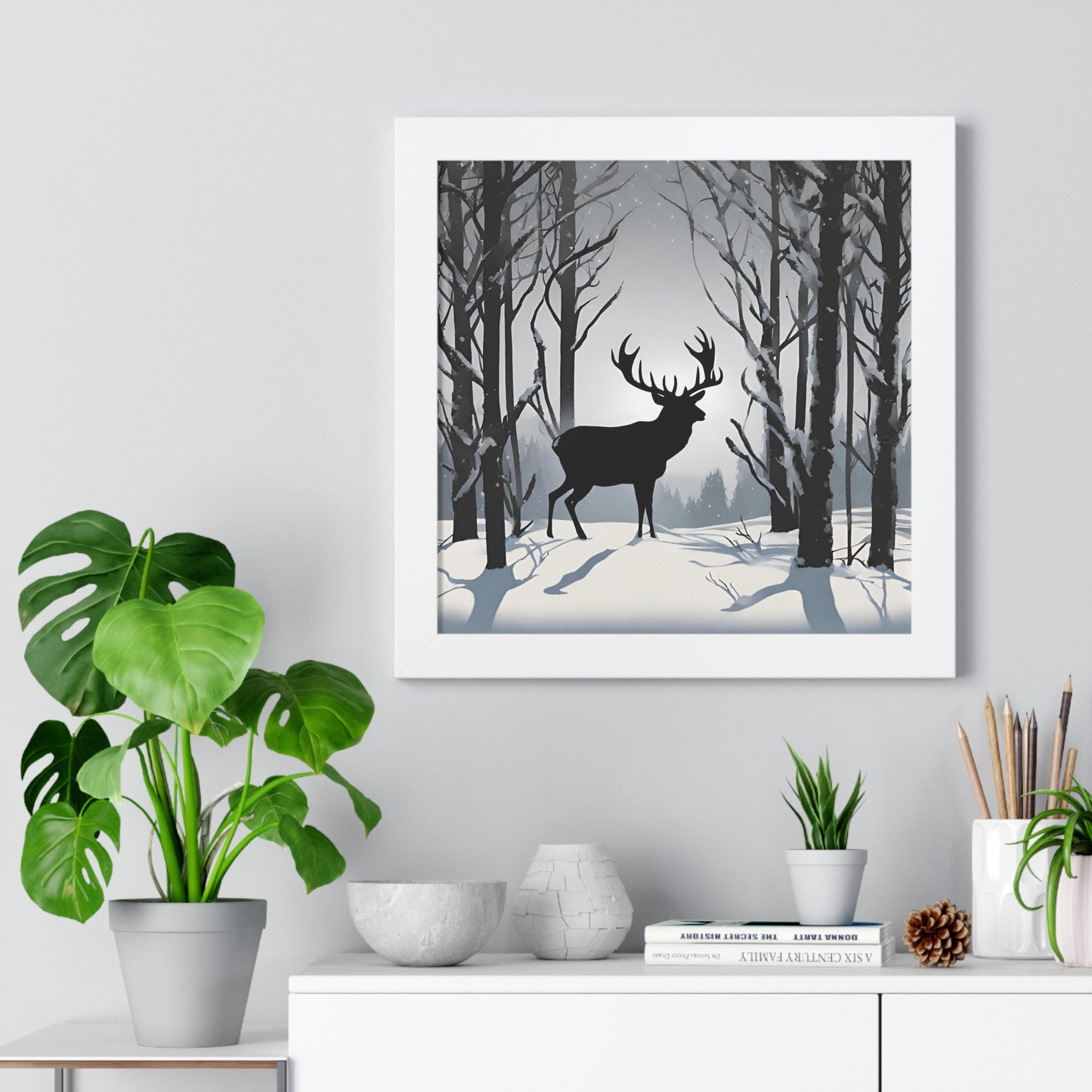 Animal Wall Art, Deer Hunter Picture, Big Buck Print, Hunting Cabin, Shadow Wall Hanging, Winter Snow Image, Living Room Poster, Framed Art