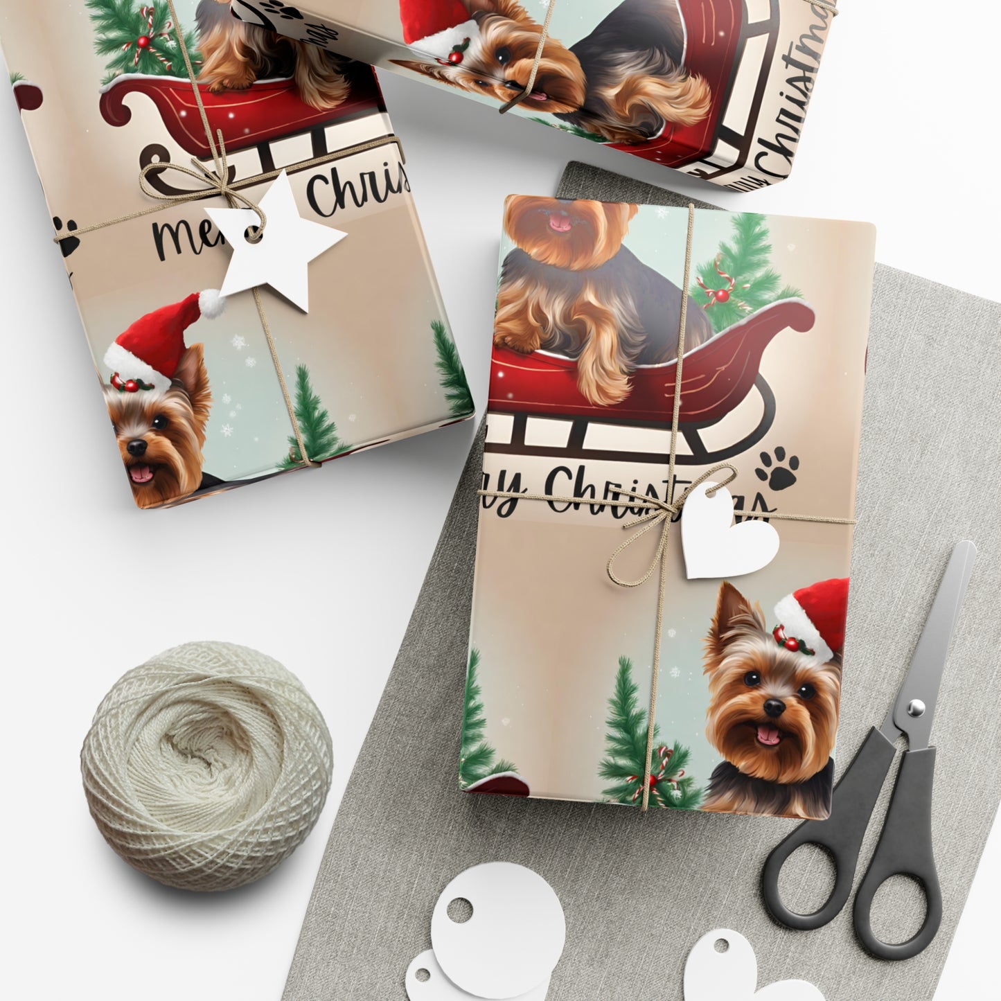 Dog Christmas Wrapping Paper, Yorkshire Terrier Sled Xmas Wrap, Santa Hat Yorkie Gift Wrap, Holiday Gift Wrap Roll
