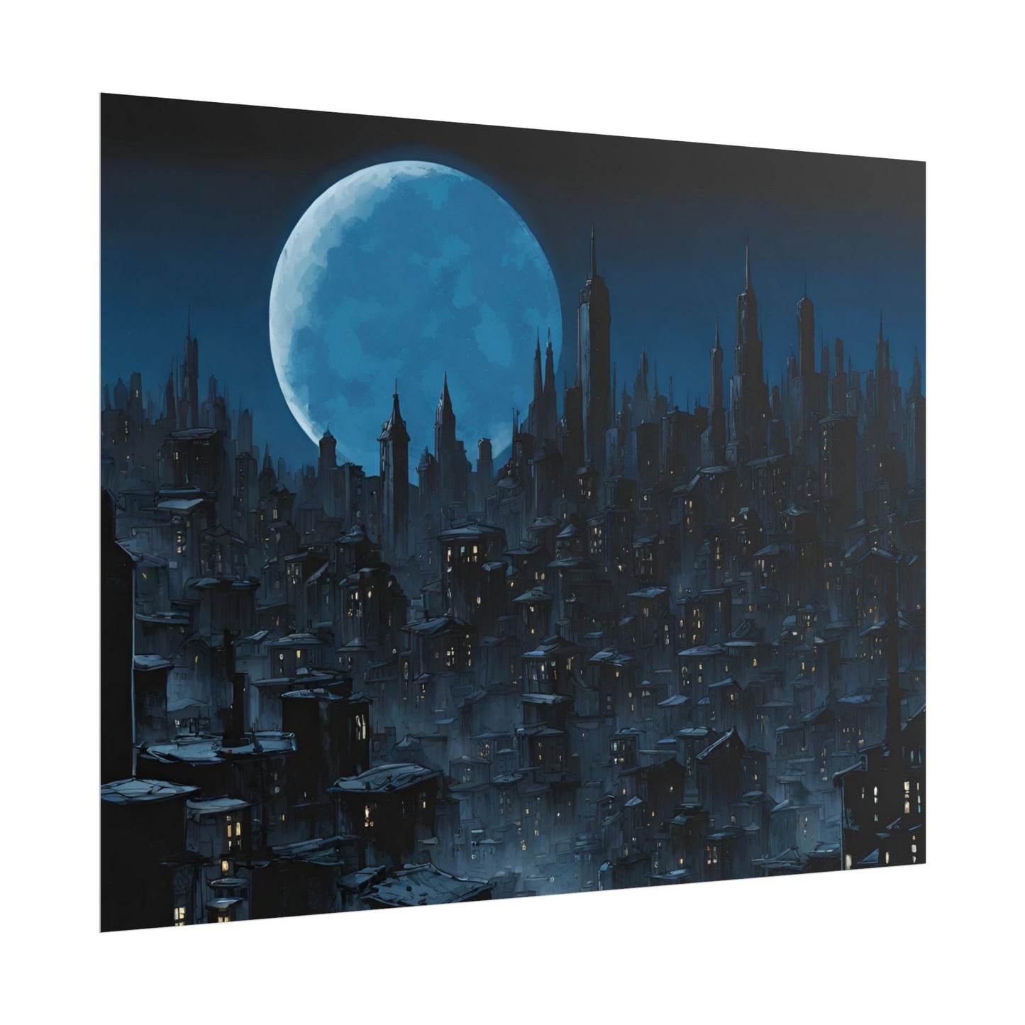 Wall Decor | Dark City Of The Night Poster | Blue Moon Darkness Falls Art | Gothic Lunar Moonlight Skyline | Living Room or Office Decor