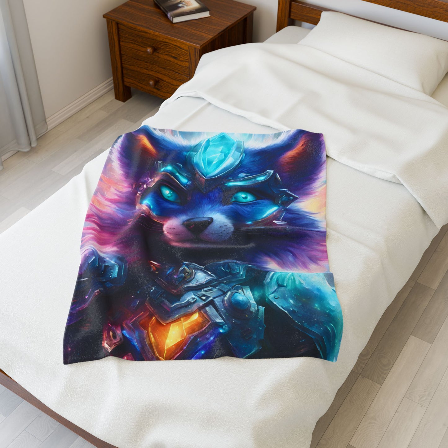 Warrior Fox Blanket, Cybernetic Armored Plush Throw Blanket, Neon Violet Crystal Guardian, Kids Adults Bed Couch Throw Cover