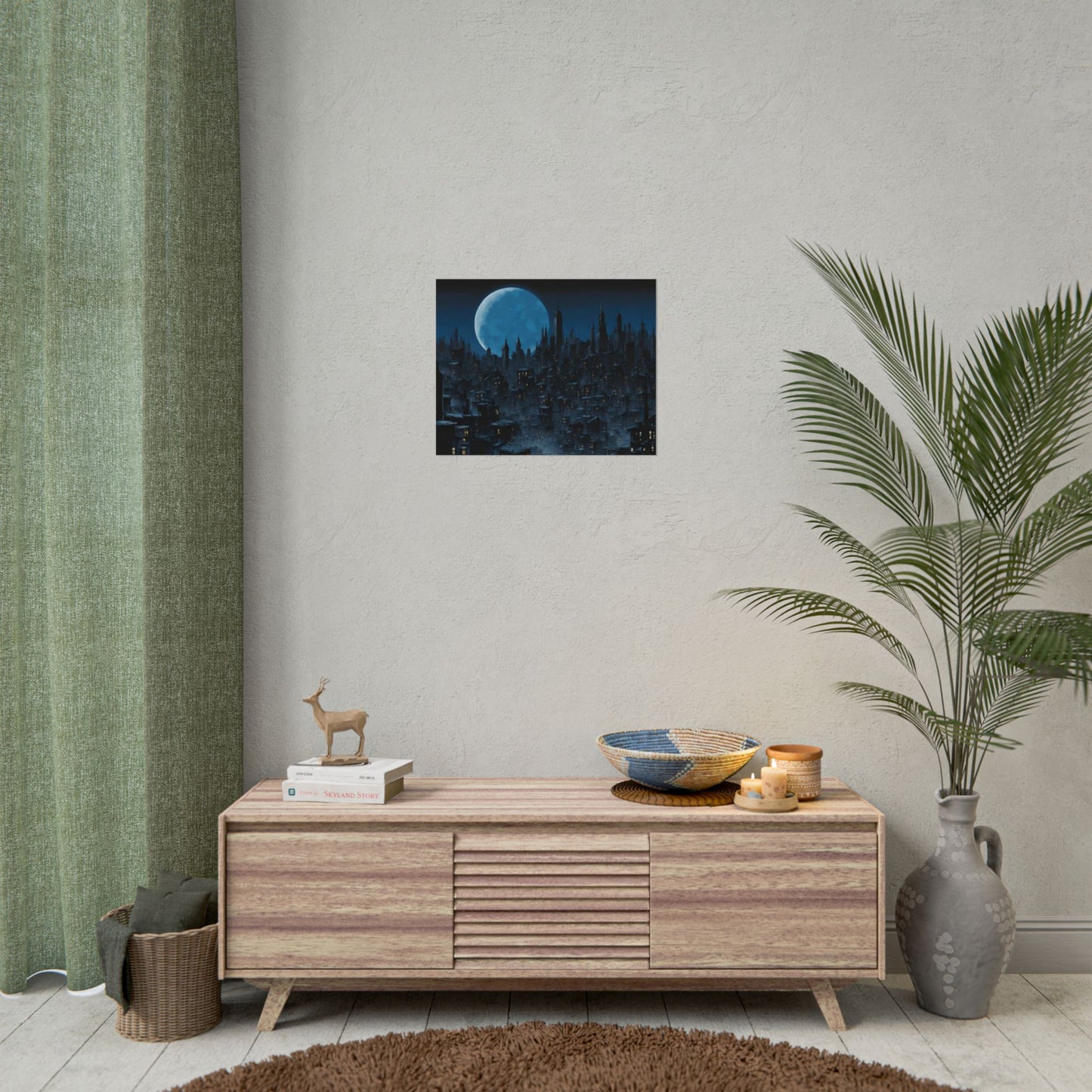 Wall Decor | Dark City Of The Night Poster | Blue Moon Darkness Falls Art | Gothic Lunar Moonlight Skyline | Living Room or Office Decor