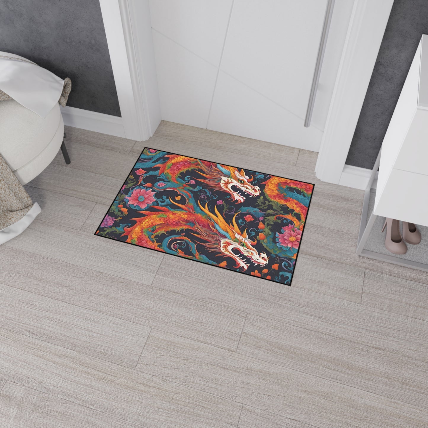 Japanese Dragons Floral Heavy Duty Floor Mat | Flower Pattern Twin Serpent Bathroom Decor | Entryway Flowered Chinese Dragon Lover Gift