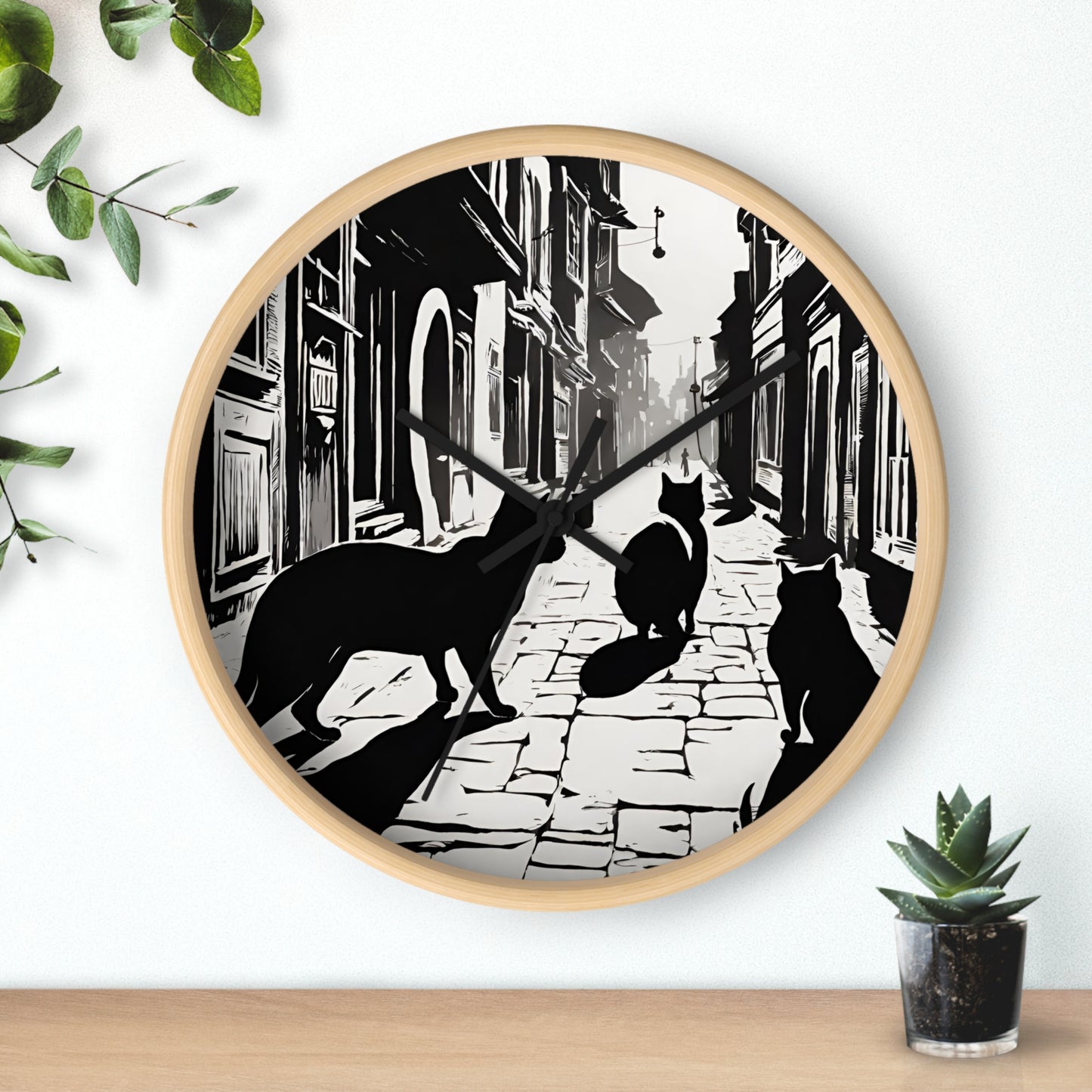 Cat Wall Art Clock | Shadow Feline Figures Town Wall Hanging | Home Office Cat Lovers Gift