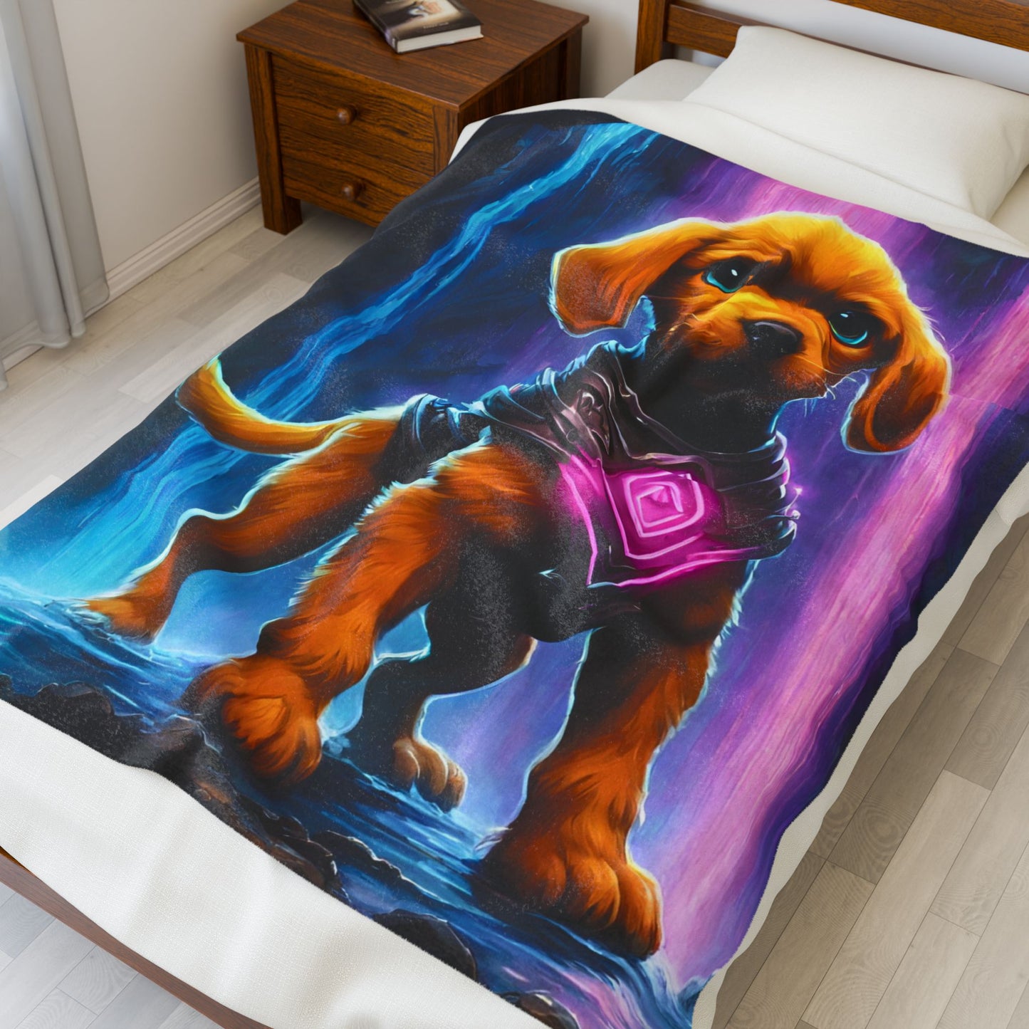 Warrior Puppy Blanket, Waterfall Dog Plush Throw Blanket, Cosmic Neon Armored Pup Bed Cover, Glowing Cave Bedroom Twin Cover