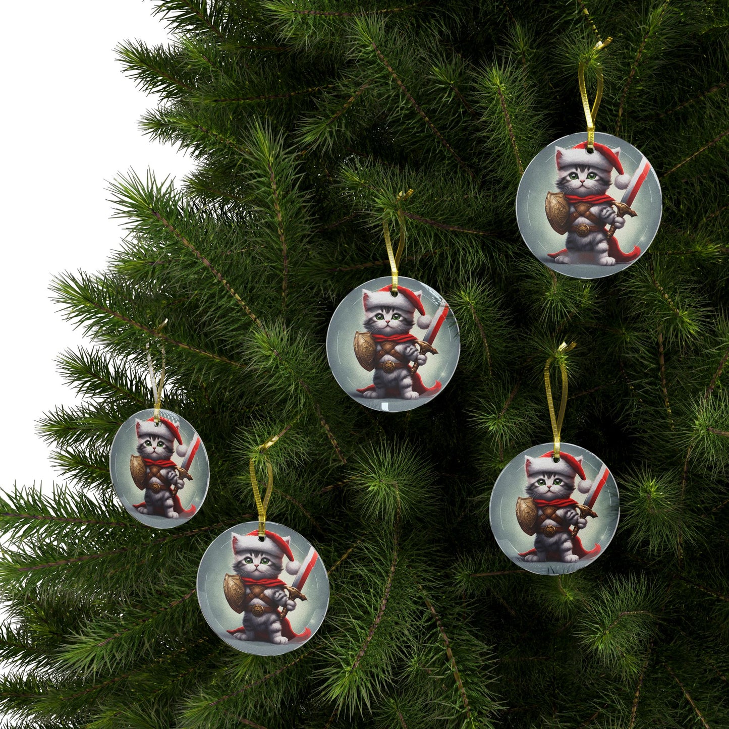 Kitten Christmas Ornament, Holiday Tree Decoration, Adorable Cat Gift, Round Glass Keepsake, KITTEN WARRIOR
