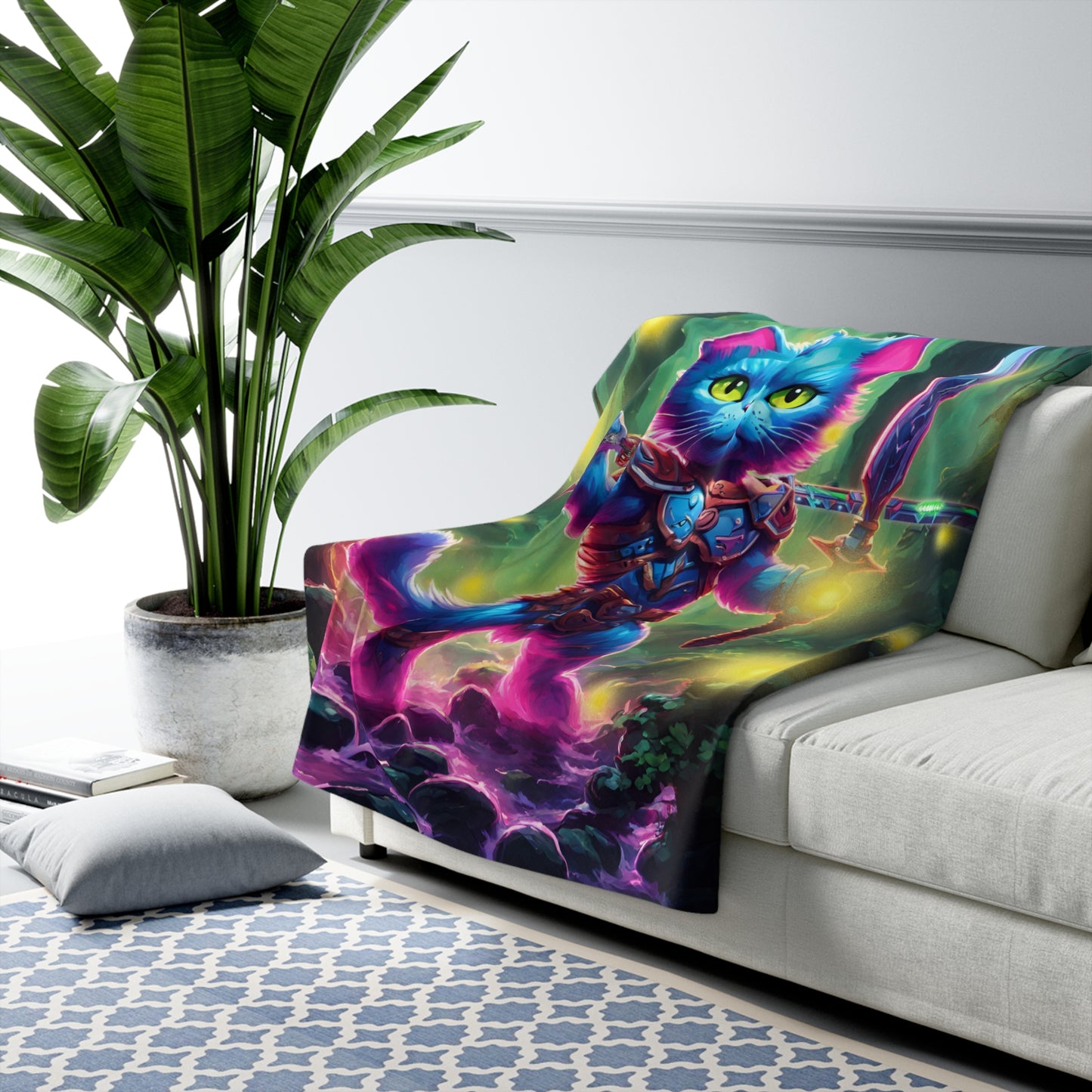 Warrior Cat Blanket, Cat Lovers Gift, Glowing Firefly, Neon Kitten, Plush Sherpa, Night Forest, Fleece, Armored Sword, Kitty Bed Cover Throw