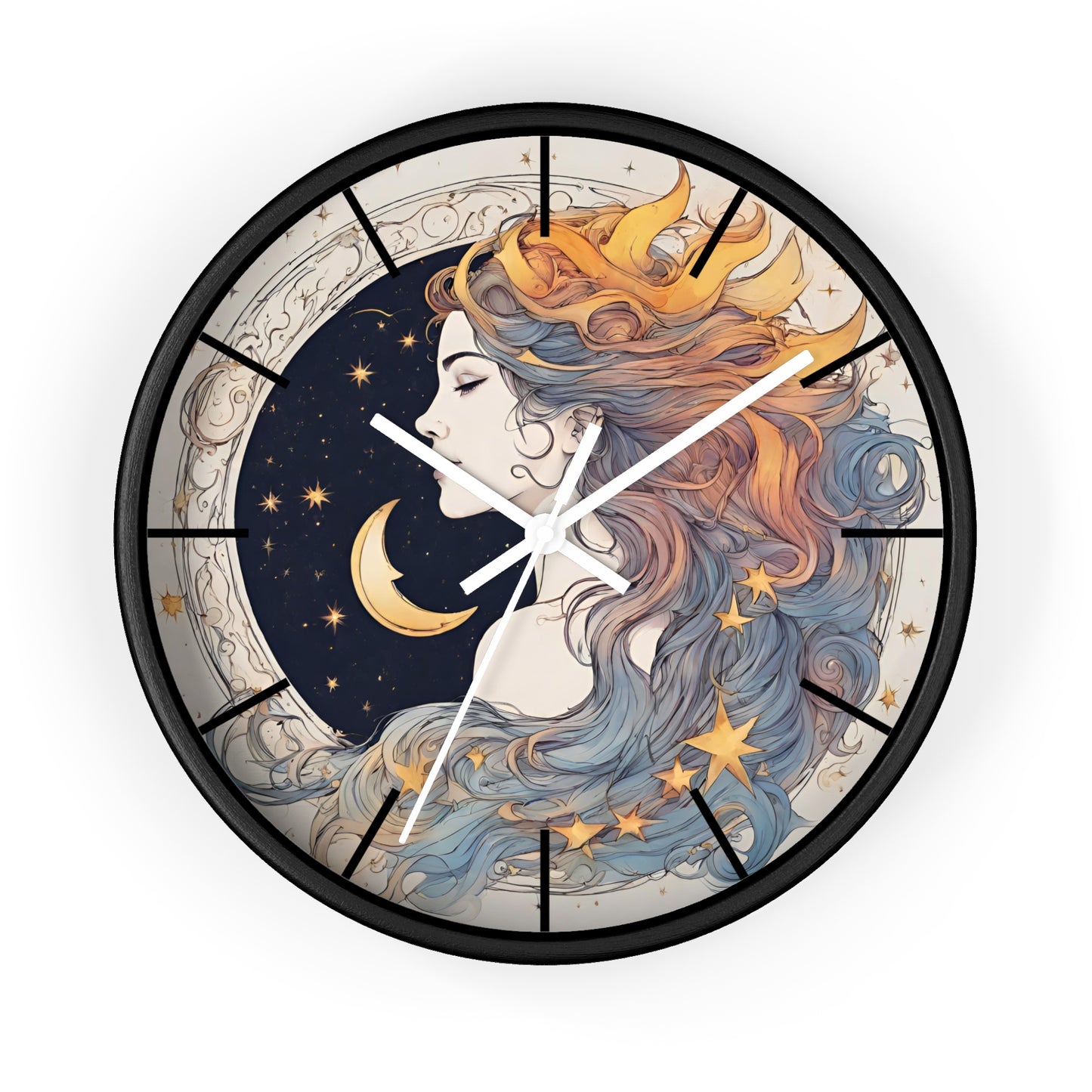 Moon Goddess Lined Wall Art Clock | Lunar Stars & Space Astronomy Wall Hanging | Woman of Time Home Office Solar System Wall Decor Gift