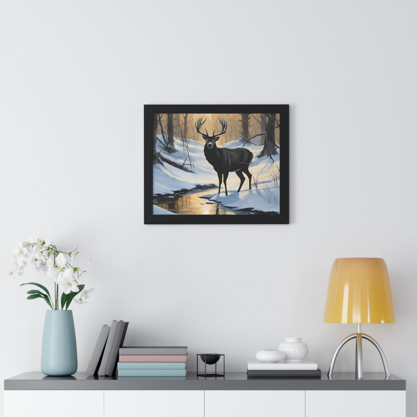 Animal Wall Art, Deer Hunter Picture, Big Buck Print, Woods, Creek, Shadow Wall Hanging, Sunset Snow Image, Living Room Poster, Framed Art