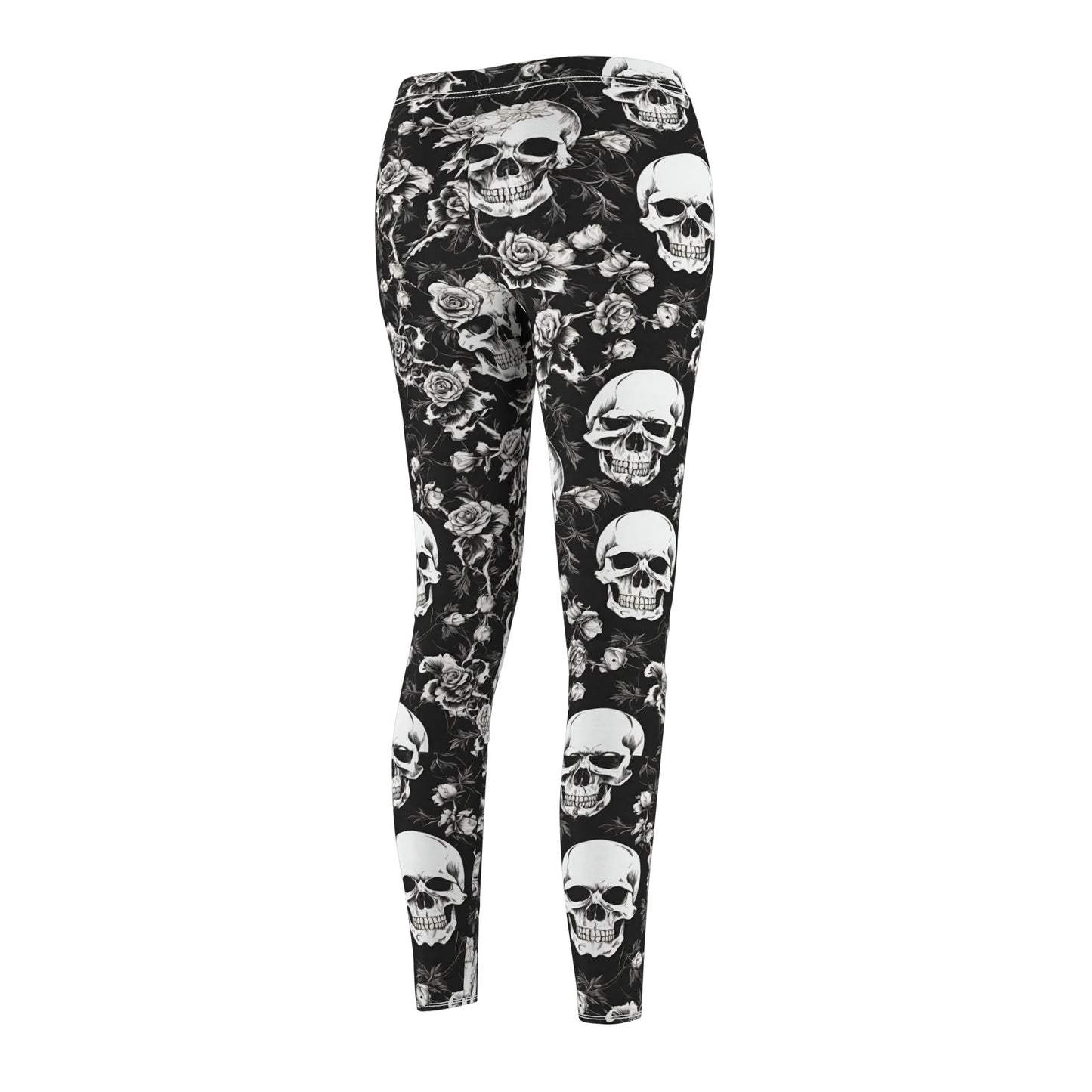 Women's Goth Skull and Roses Casual Leggings, Flowers and Bones Pattern Elastic Bottoms, Tight Macabre Bone Skeleton Pants