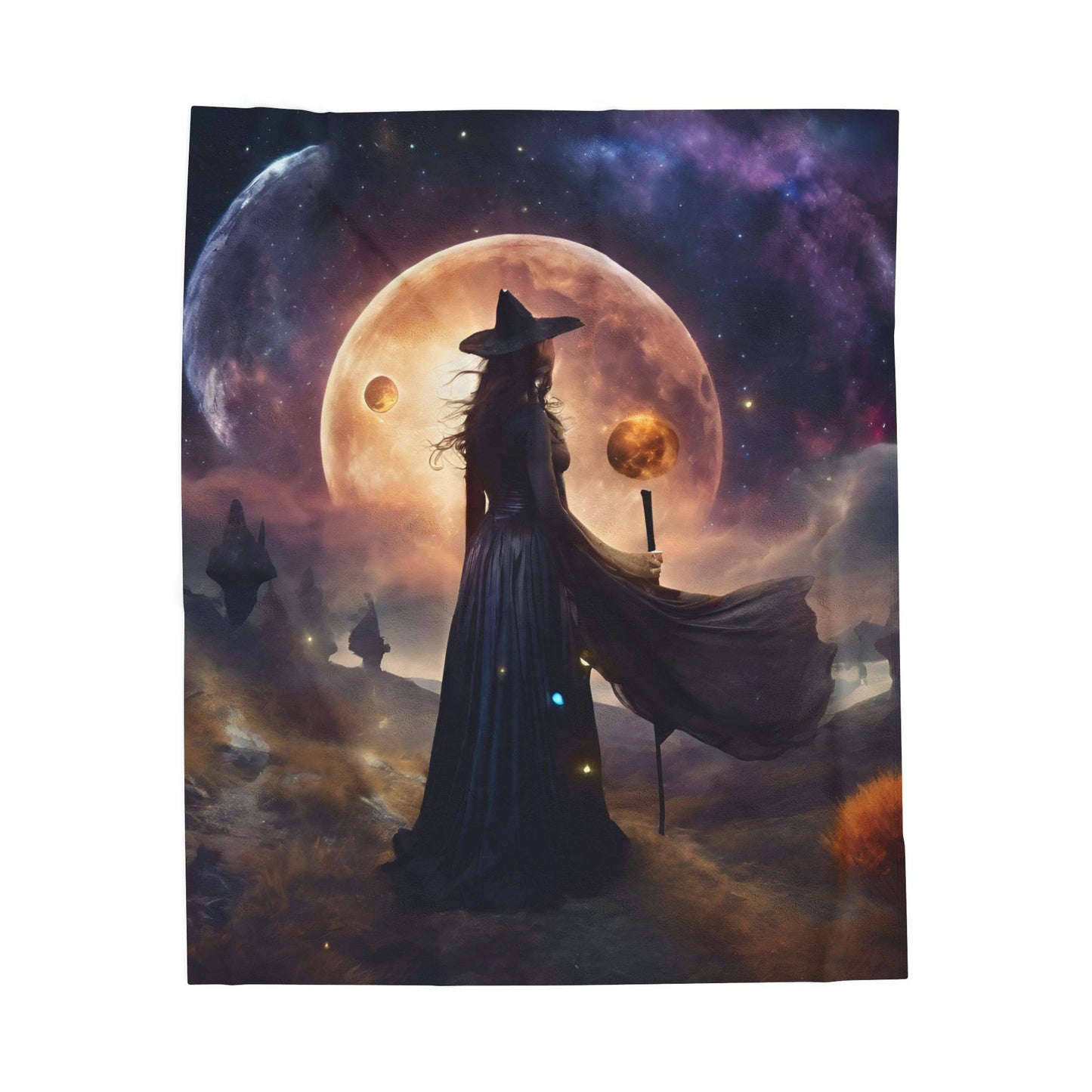 Witch of the Moons Wiccan Blanket, Time & Space Lunar Fantasy Galaxy Couch Throw Snuggle Sheet, Mystical Witchcraft Spell Bedroom Blanket