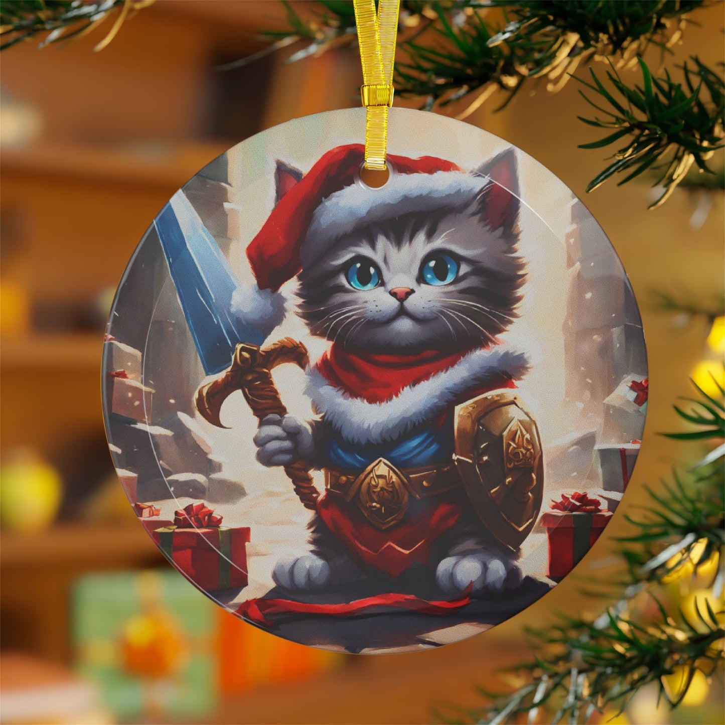 Kitten Christmas Ornament, Holiday Tree Decoration, Adorable Cat Gift, Round Glass Keepsake, KITTEN WARRIOR