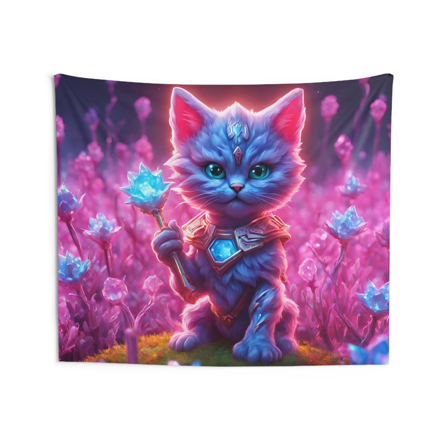Warrior Cat Crystal Grove Tapestry, Thunder Bolt Armored Kitten Mystical Weapon Wall Hanging, Pink Blue Infused Blossom Field Tapestry