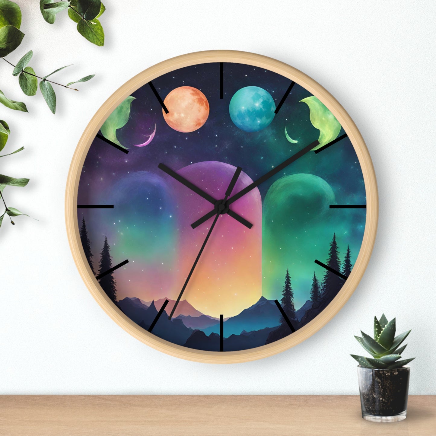 Moonlight Hills Wall Clock | Night Forest Astronomy Starlight Moons Constellations Office Decor Gift, Solar System Home Hanging Unique Art