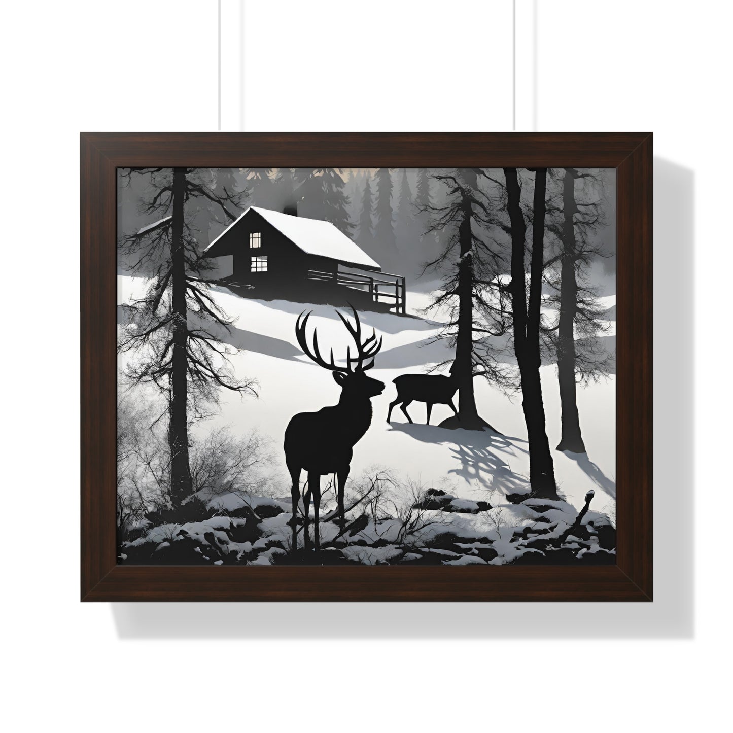 Animal Wall Art, Deer Hunter Picture, Buck Print, Hunting Cabin, Shadow Wall Hanging, Winter Snow Image, Living Room Poster, Framed Art