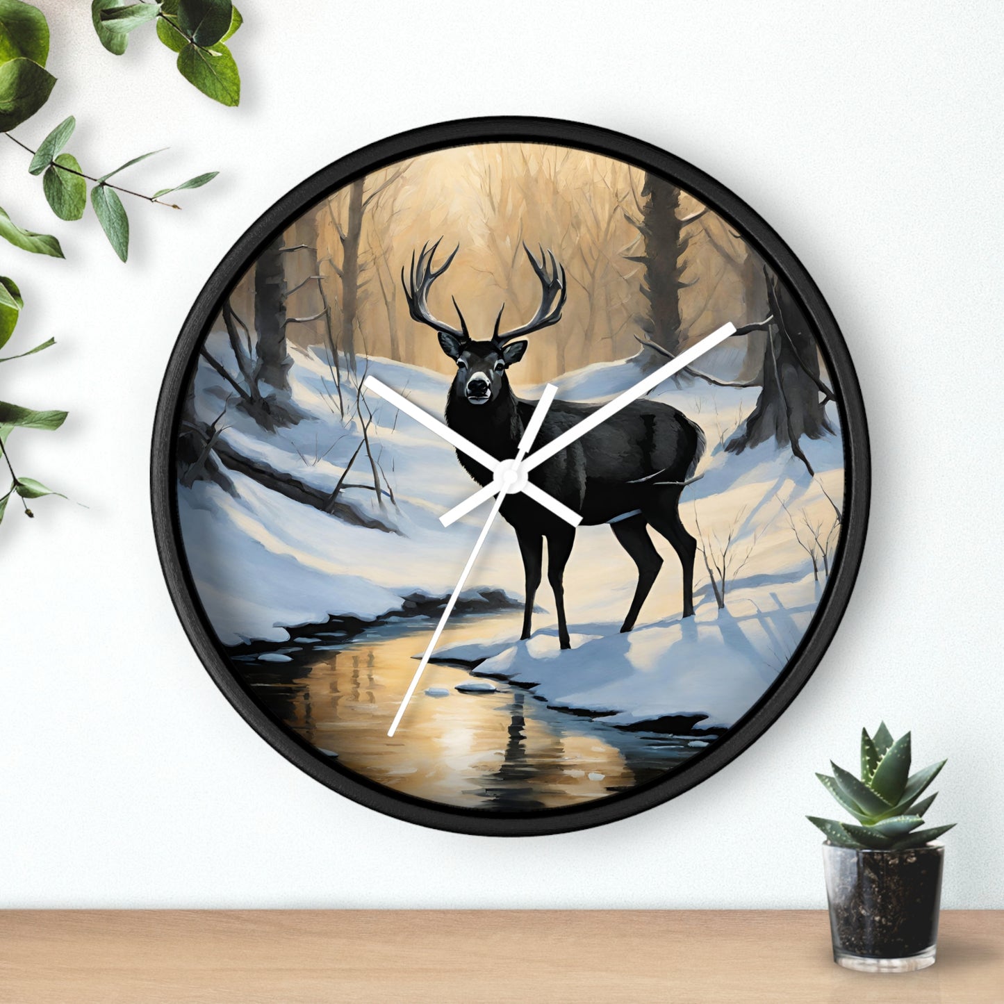 Big Buck Deer Wall Art Clock | Winter Nature Scene Snowy Creek Wall Hanging | Home Office Deer Hunter Lovers Gift
