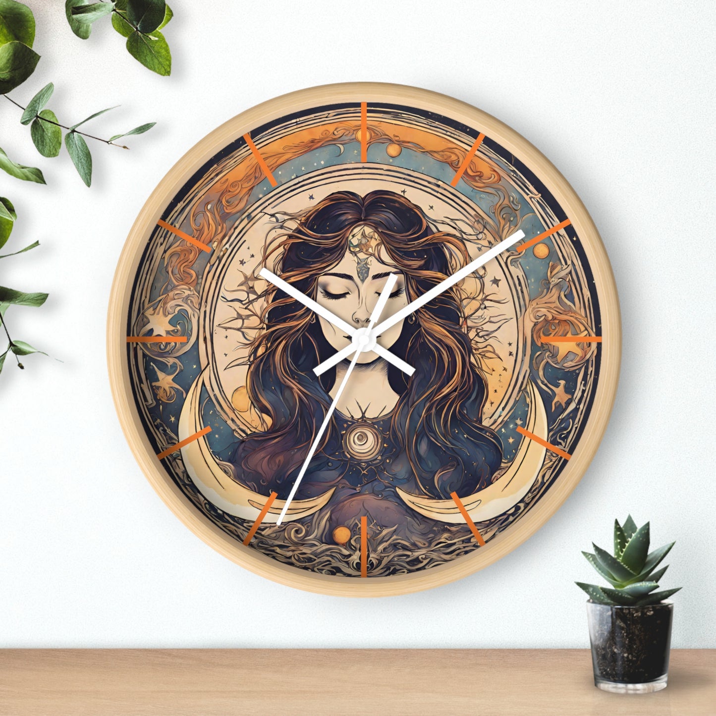 Sun & Moon Goddess Wall Art Clock | Lunar Stars and Space Astronomy Wall Hanging | Keeper of Time Home Office Solar System Wall Decor Gift