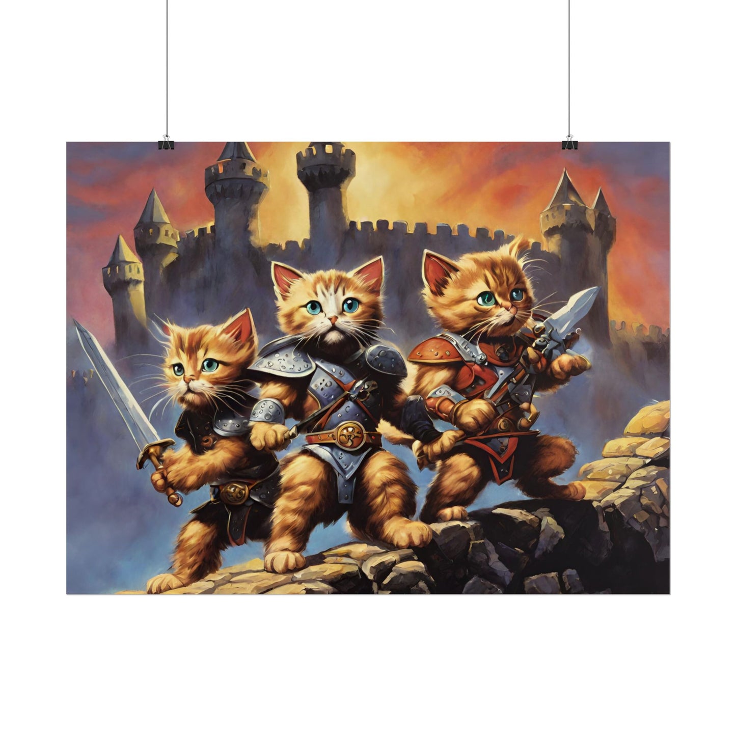 Cat Battler Warrior Poster, Office Bedroom Man Cave Portrait, Sword Wielding Cat Universe, Kitten Fighters Fantasy Wall Hanging