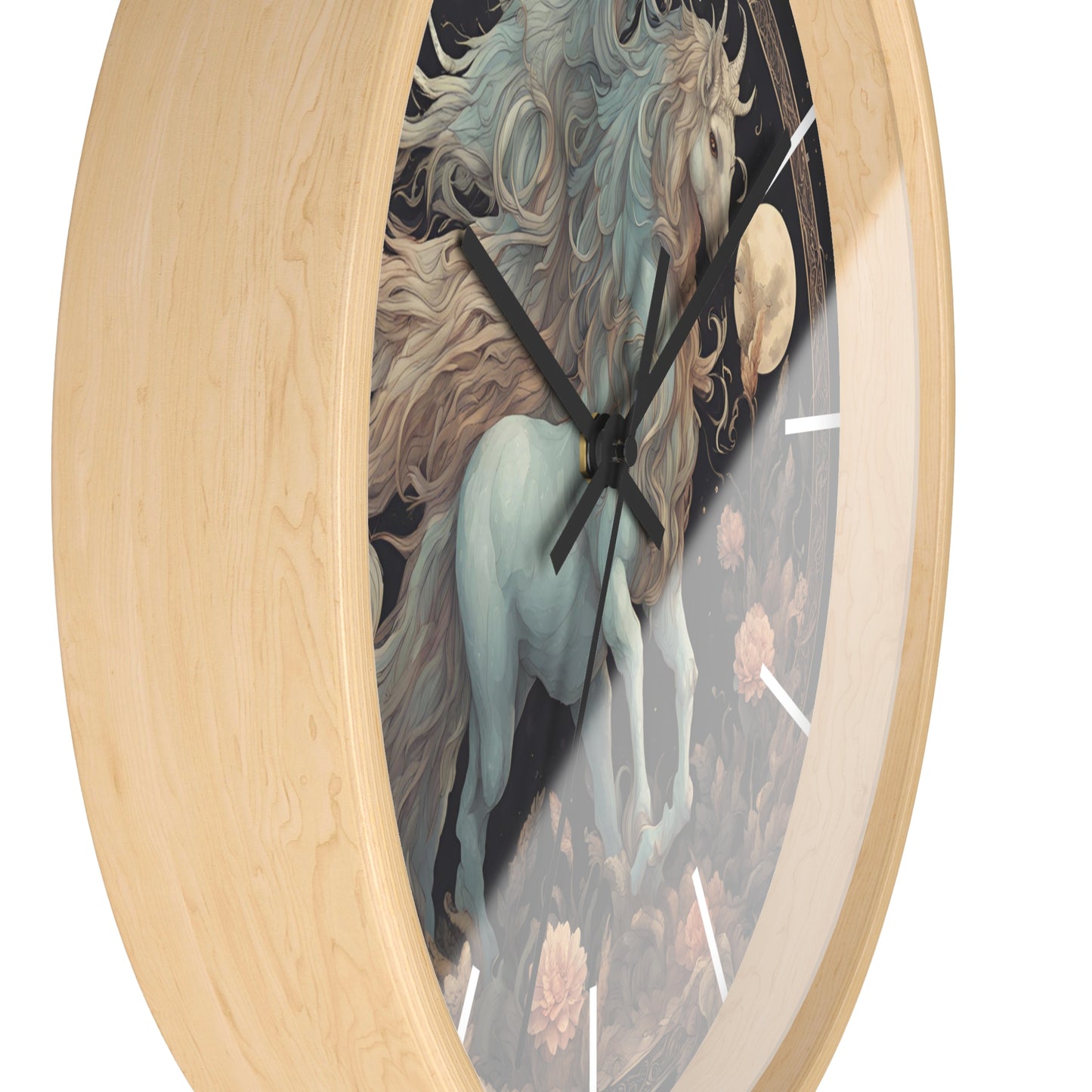 Majestic Myths Art Clock | Floral Flower Night Field Horned Horse Wall Hanging | Mystical Moon Fantasy Home Office Decor Gift