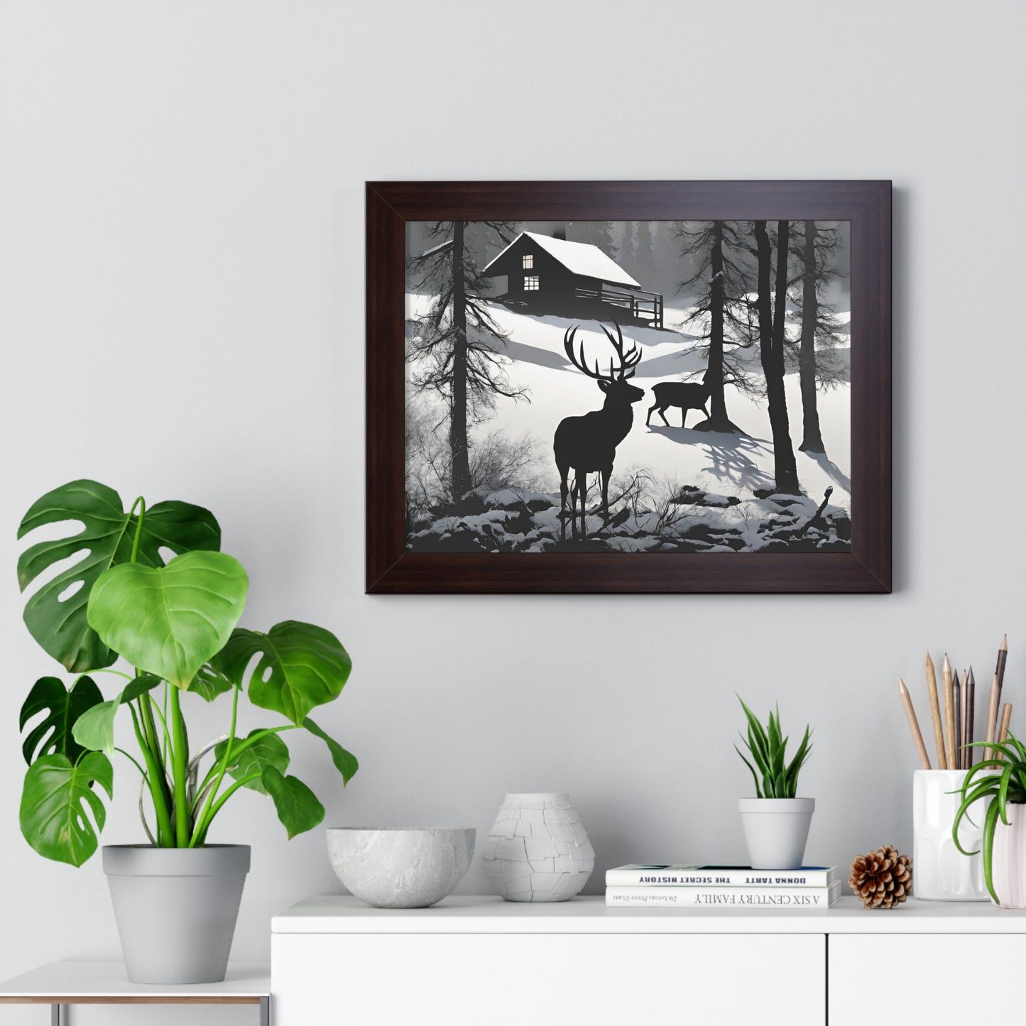 Animal Wall Art, Deer Hunter Picture, Buck Print, Hunting Cabin, Shadow Wall Hanging, Winter Snow Image, Living Room Poster, Framed Art