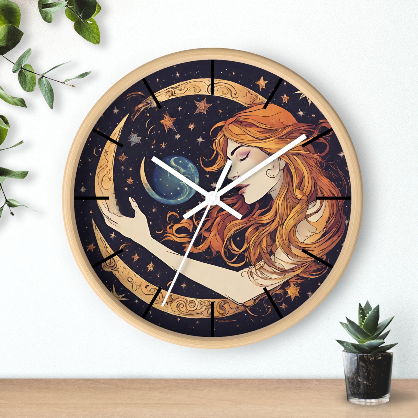 Moon Shaping Goddess Wall Art Clock | Lunar Stars & Space Astronomy Wall Hanging | Woman Morphing Home Office Solar System Wall Decor Gift