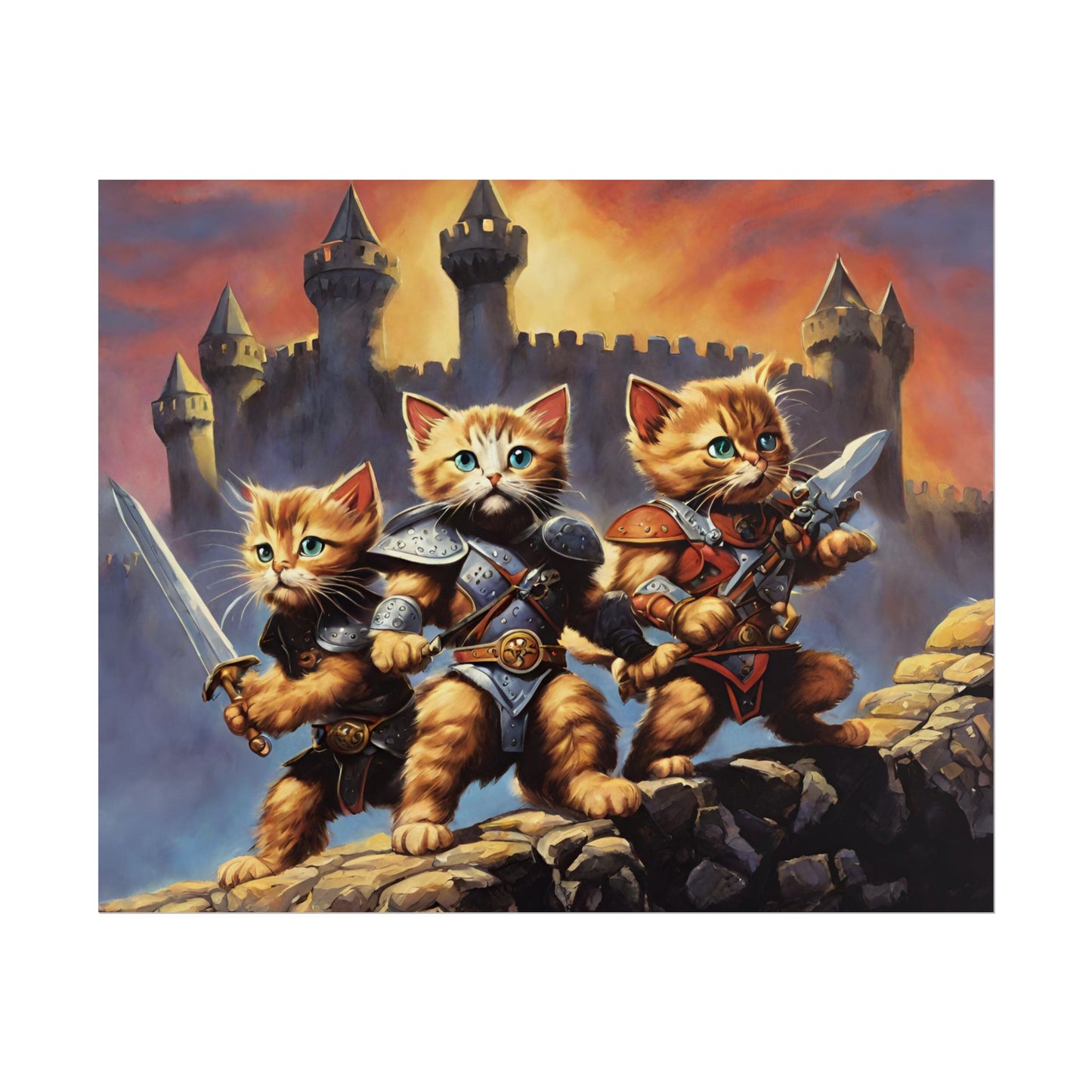 Cat Battler Warrior Poster, Office Bedroom Man Cave Portrait, Sword Wielding Cat Universe, Kitten Fighters Fantasy Wall Hanging
