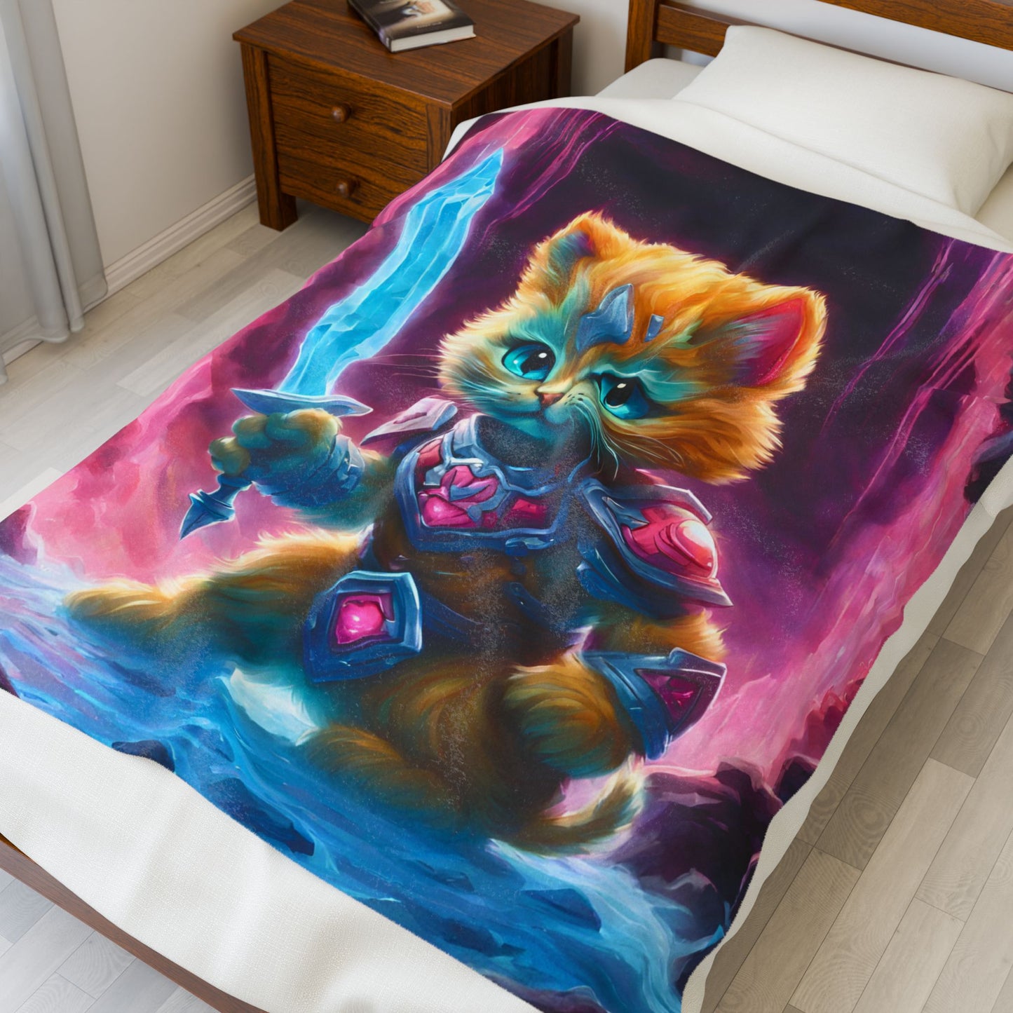 Warrior Cat Blanket, Waterfall Cat Plush Throw Blanket, Neon Sword Seeker, Armored Kitty Bed Cover, Glowing Cave Bedroom Twin Cover