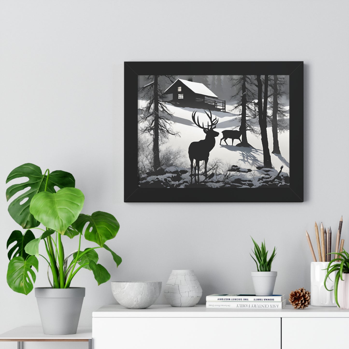 Animal Wall Art, Deer Hunter Picture, Buck Print, Hunting Cabin, Shadow Wall Hanging, Winter Snow Image, Living Room Poster, Framed Art