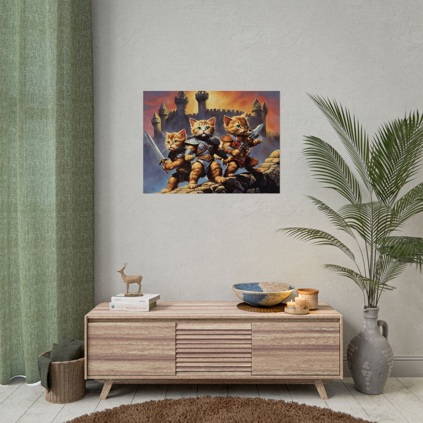 Cat Battler Warrior Poster, Office Bedroom Man Cave Portrait, Sword Wielding Cat Universe, Kitten Fighters Fantasy Wall Hanging